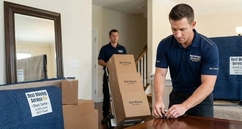 Two movers in blue shirts wrapping and handling furniture and boxes in a home.