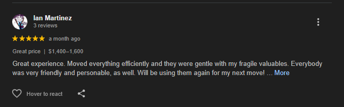 Screenshot of a review about a moving service, mentioning a positive experience, efficiency, and friendliness.