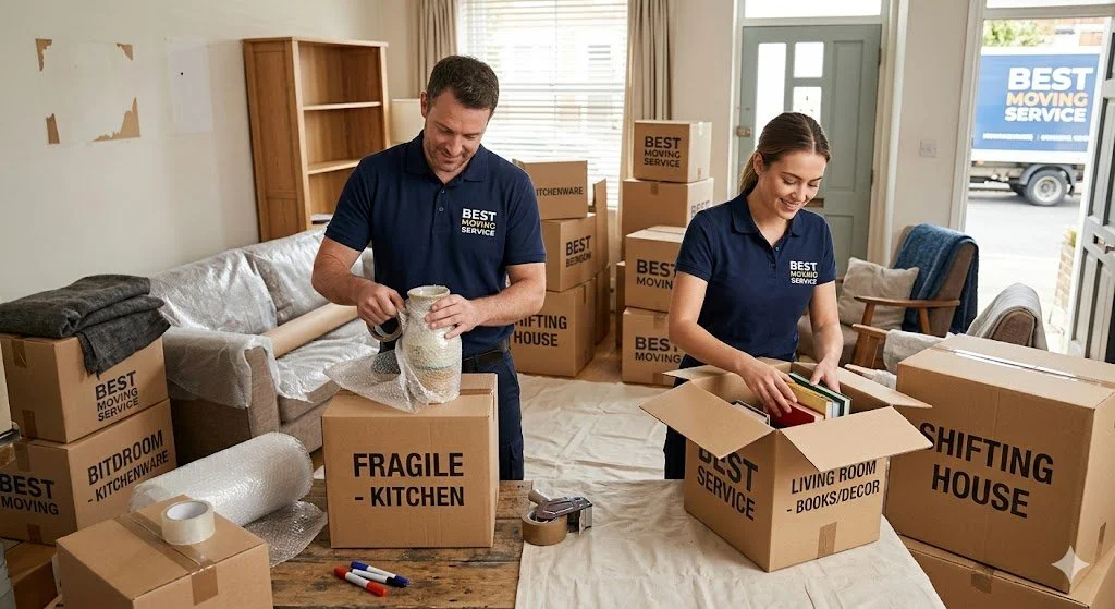 Two movers packing boxes labeled 'fragile' and 'living room' inside a home with moving boxes around, a couch, and a doorway, preparing for a move.
