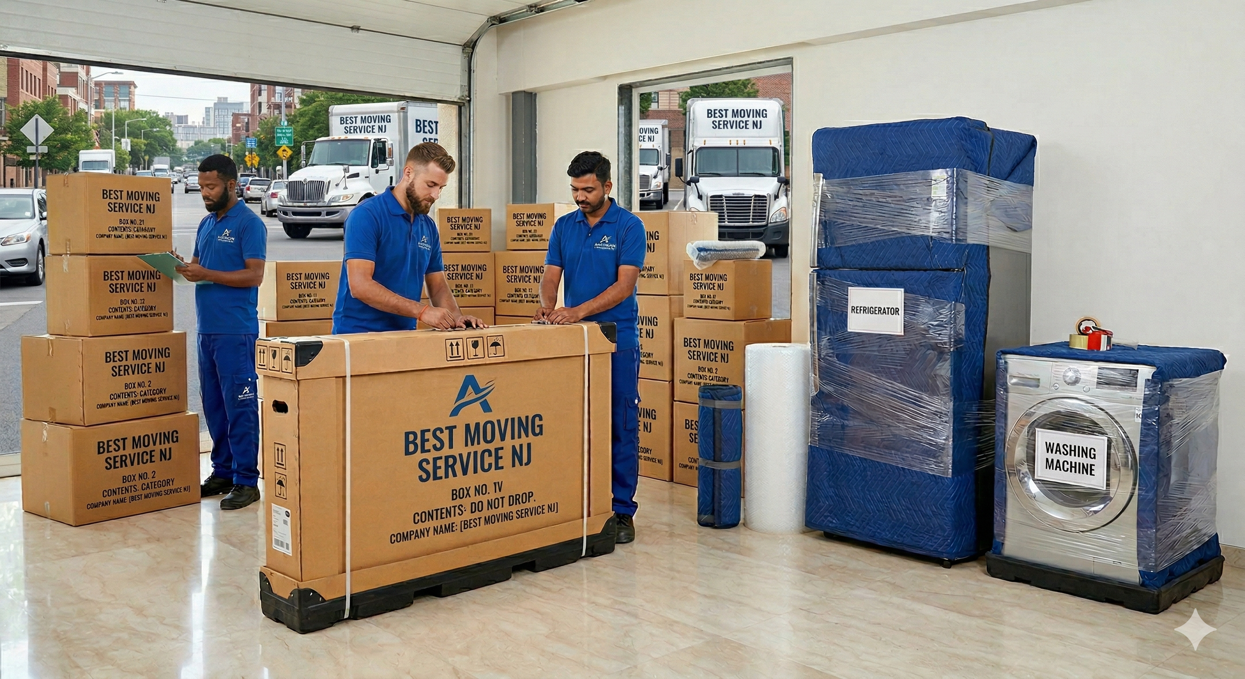 Three movers in blue uniforms packing boxes inside a moving storage.