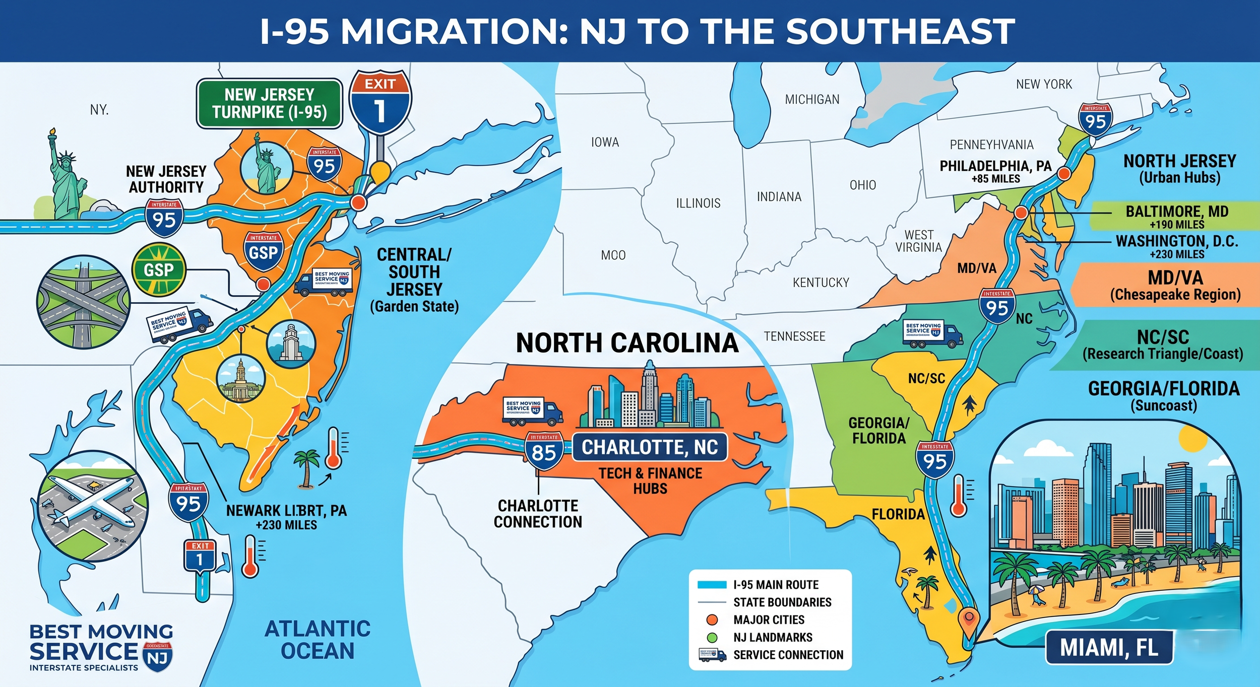 Map showing the interstate moving route from New Jersey to North Carolina and Florida via I-95.