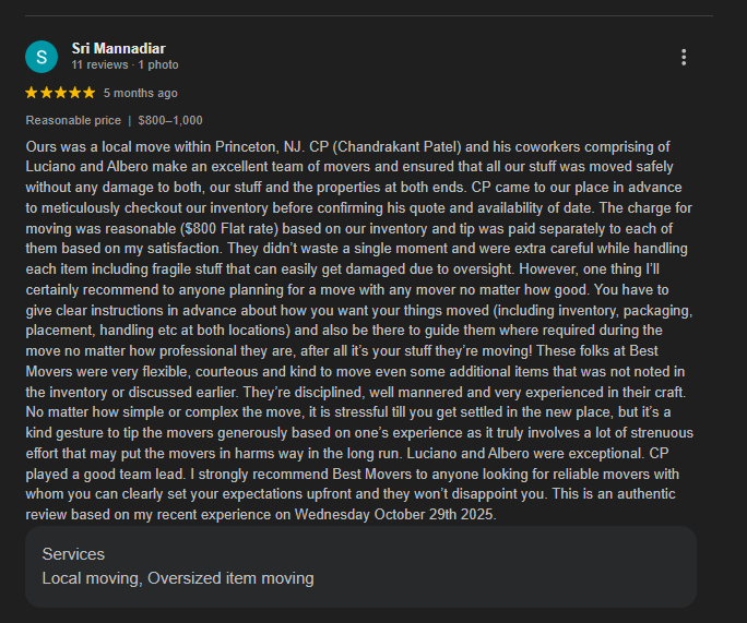 Screenshot of an online review for a moving service in Princeton, NJ, praising their professionalism and careful handling of belongings.