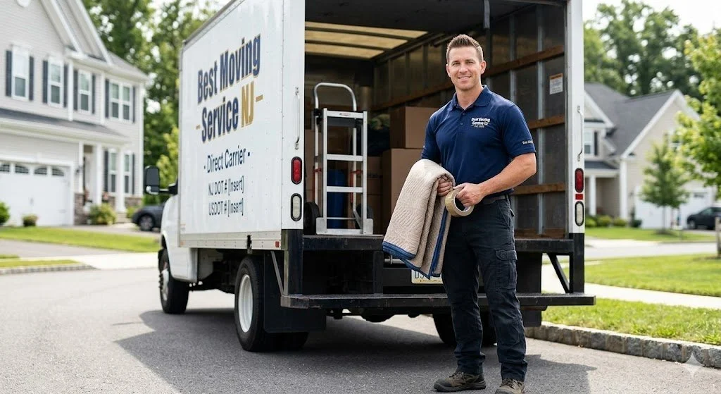 A mover stands outside a moving truck holding a rolled-up rug and a small carpet. The truck has the logo 'Best Moving Service NJ' and is parked in a suburban neighborhood with houses and green lawns.
