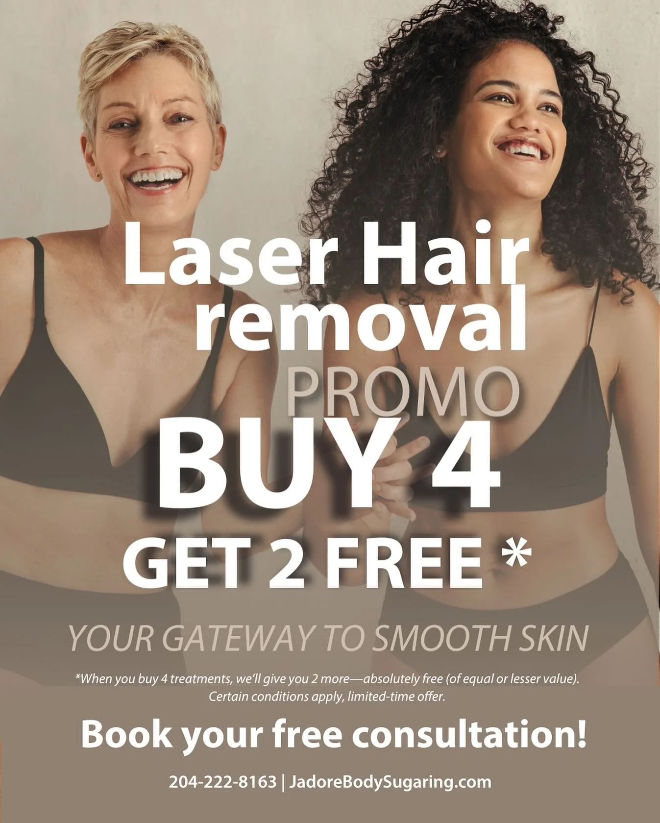 Your sign to finally try laser
Laser Hair Removal PROMO at our Regent location
Buy 4 sessions
Get 2 FREE

Smooth skin, long-lasting results
Offer ends January 31

Book your free consult today 💖

#LaserHairRemovalWinnipeg #RegentLocation #SmoothSkinJ