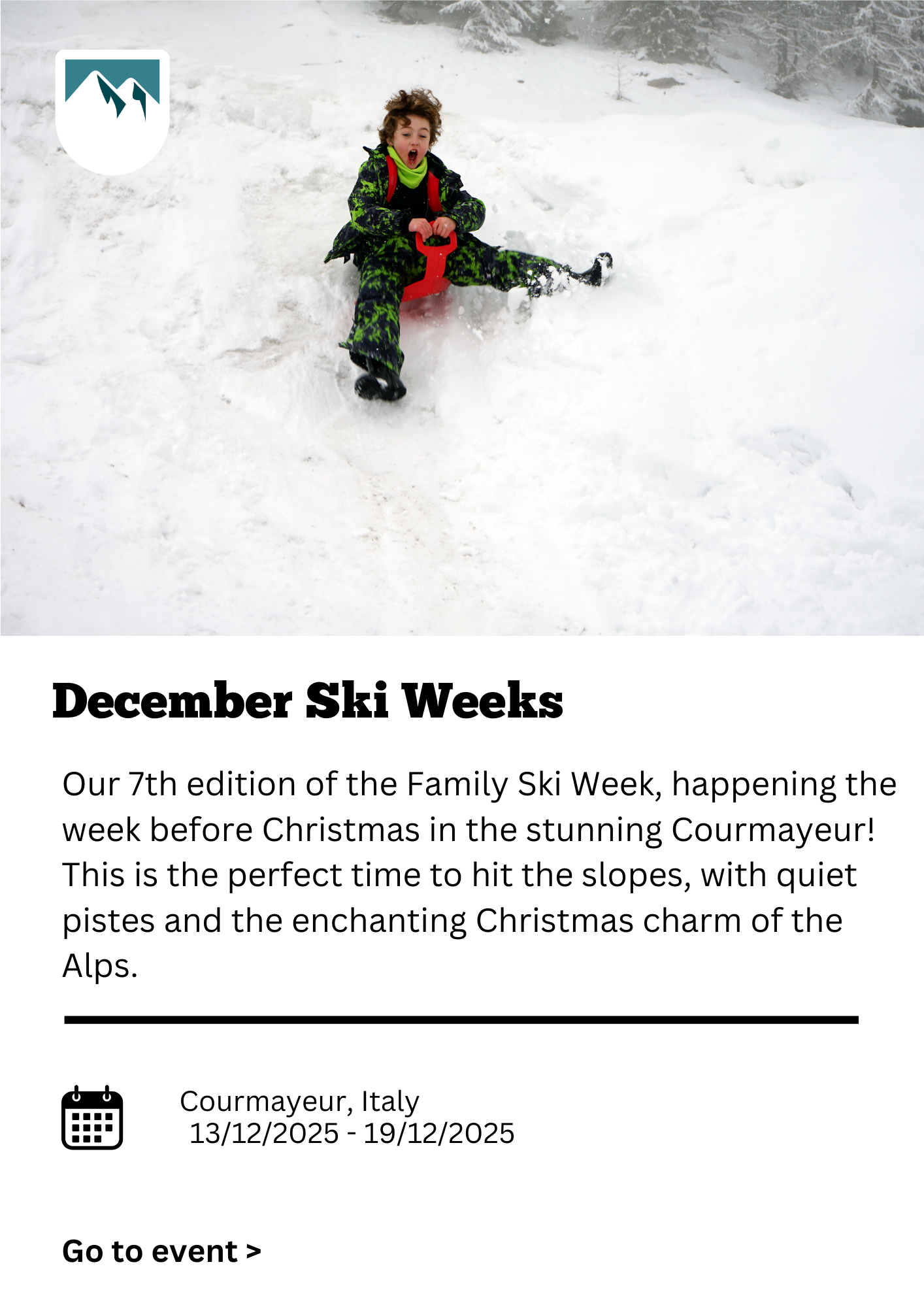 Child sledding down a snowy hill with a surprised expression, wearing winter gear and a green scarf, in a winter landscape.