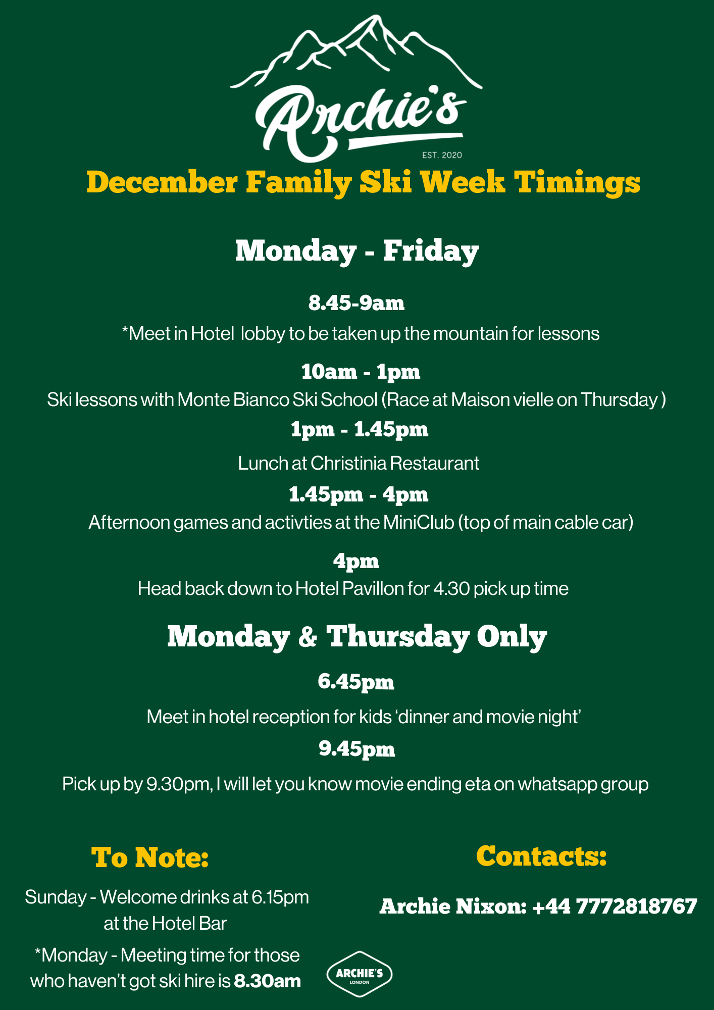 Schedule of December family ski week activities at Archie’s, featuring daily and Monday-Thursday-specific events and times, with contact info for Archie Nixon.