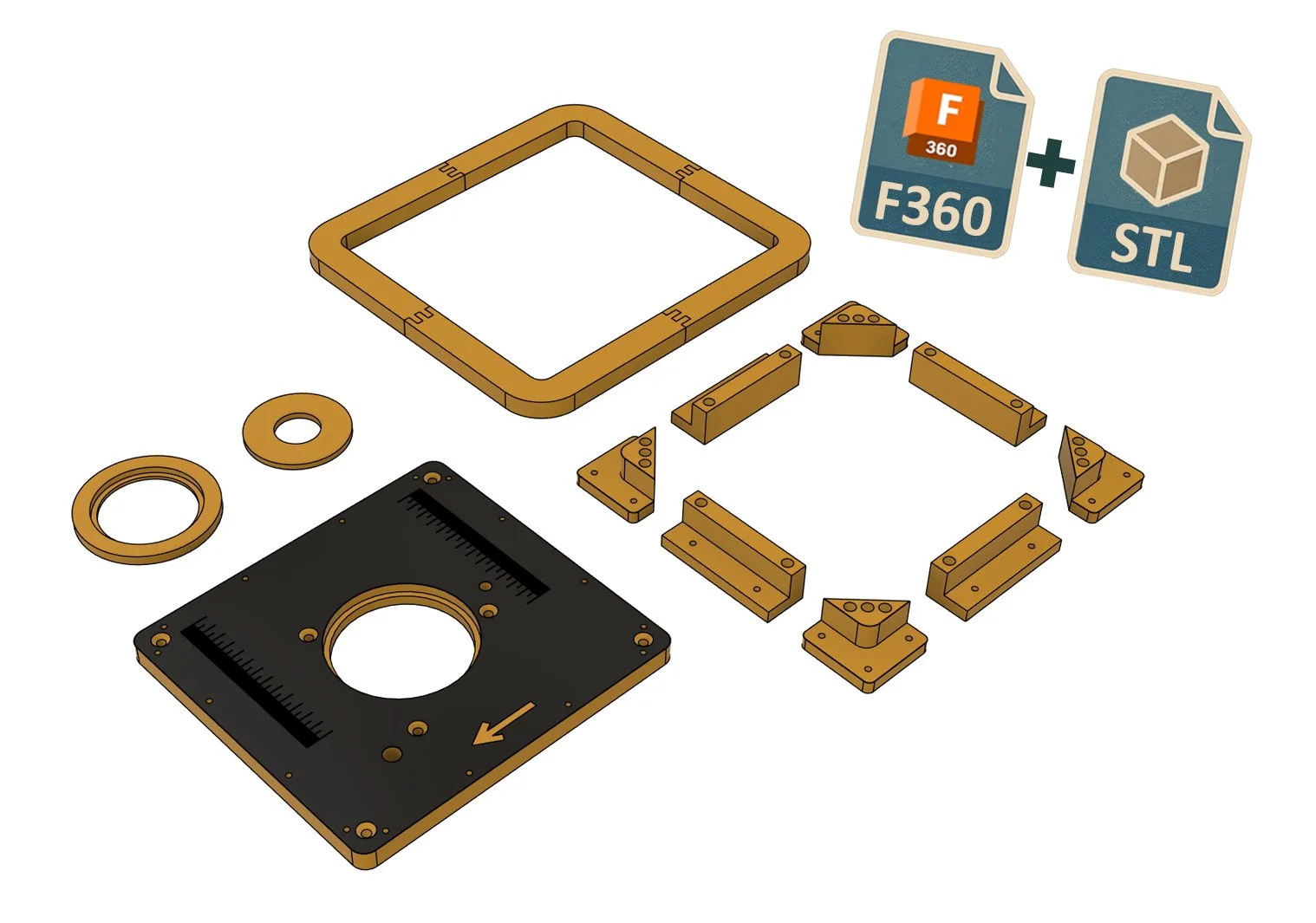 Pack fichiers STL et fusion 360  pour plaque de défonceuse Triton TRA001 + supports fixation