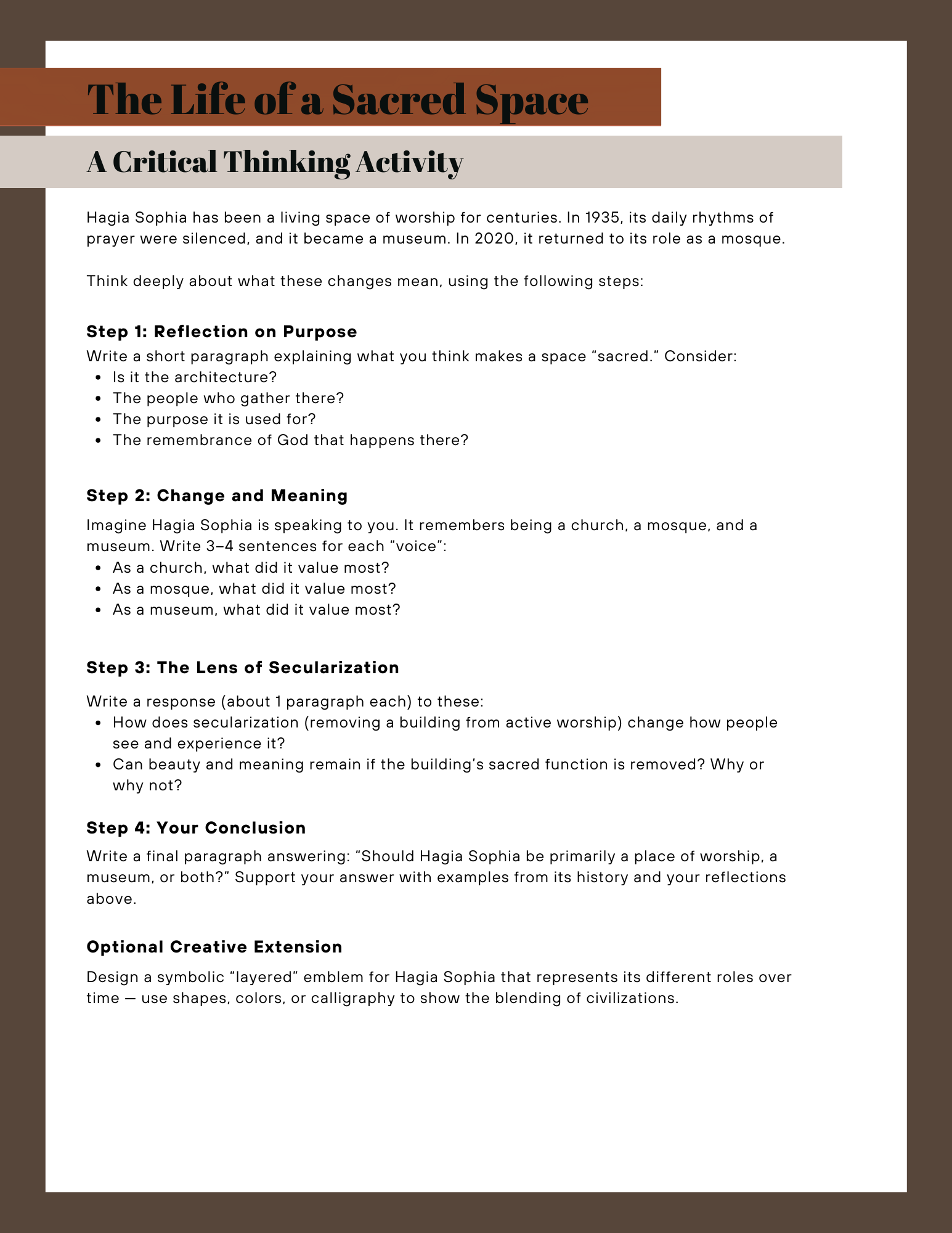 Meaningful reflection activities that help students think deeply about sacred spaces and cultural inheritence.