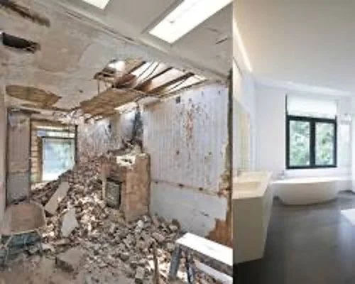 Comparison of a room under demolition on the left and a renovated, modern room on the right