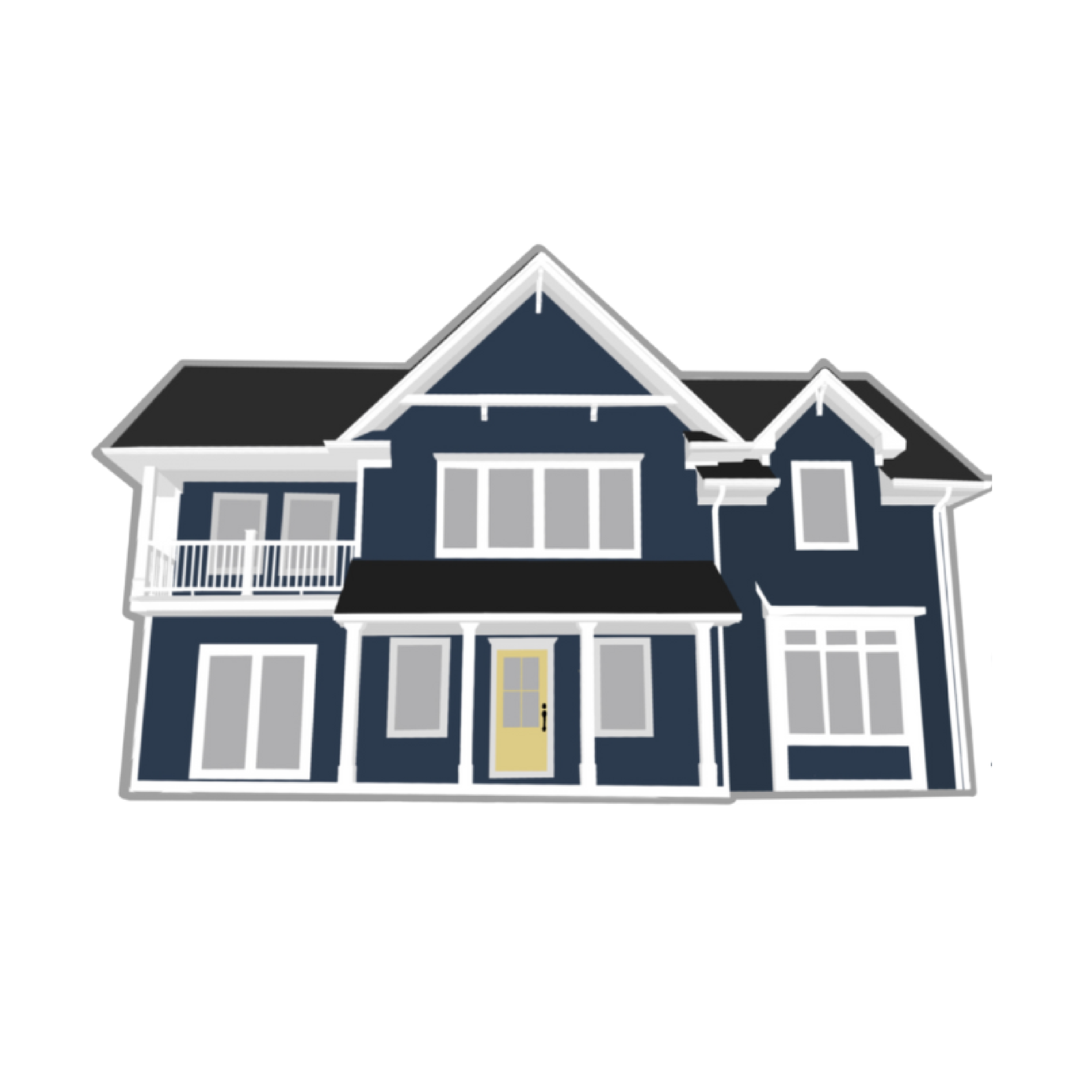 Front exterior view of a large, modern house painted in dark blue with white trim, featuring a porch, multiple gables, large windows, and a garage, set against a gray background.