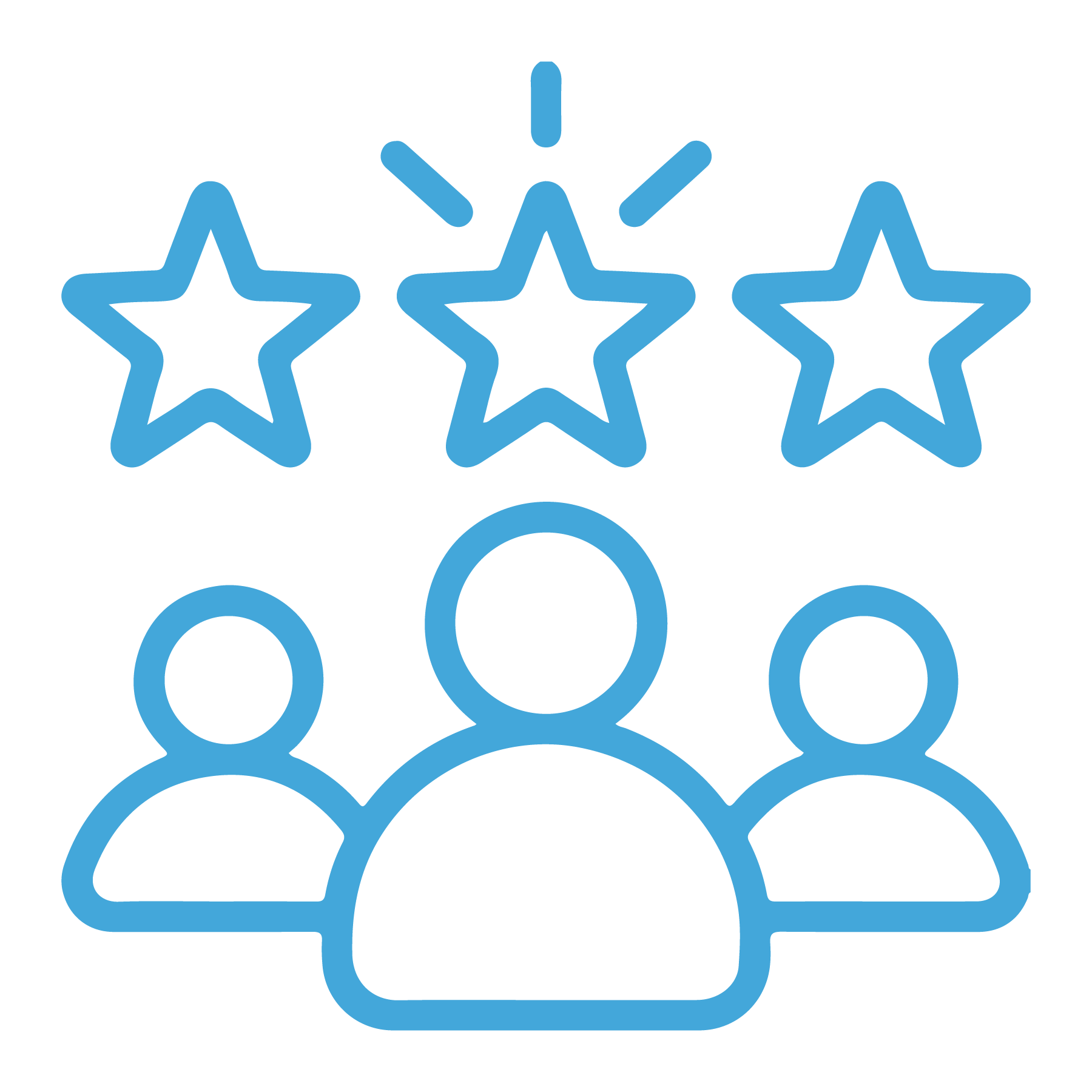 Outline of a person with six stars above, a single star with lines radiating from it in the middle, and circles below in a pattern suggesting a metaphor for quality or achievement.