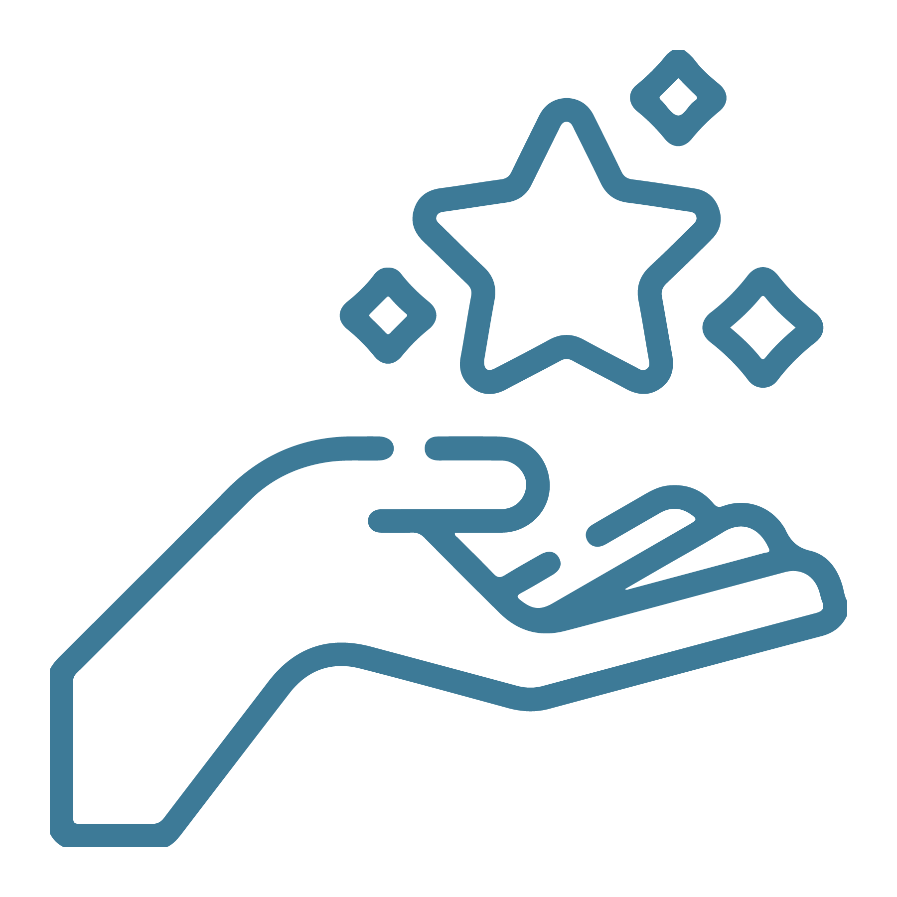 Outline of a hand holding a small paper with a star and smaller geometric shapes around it.