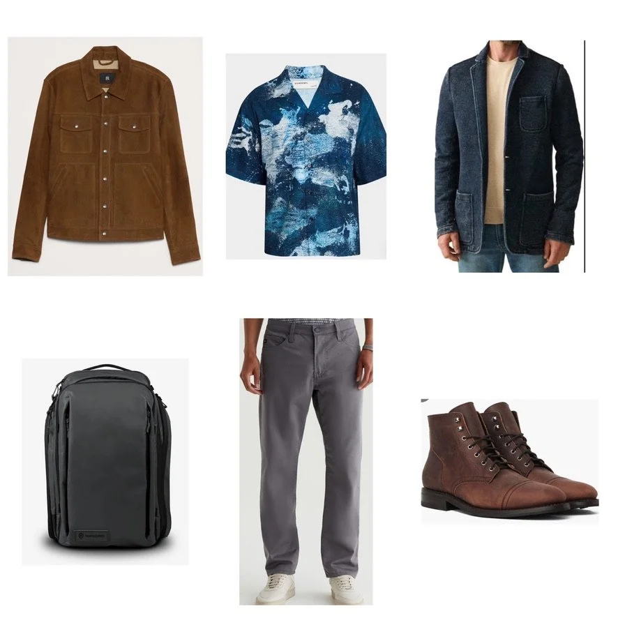 Collage of men's fashion items including a brown suede jacket, blue patterned short-sleeve shirt, dark blazer, green backpack, gray pants, and brown leather boots.