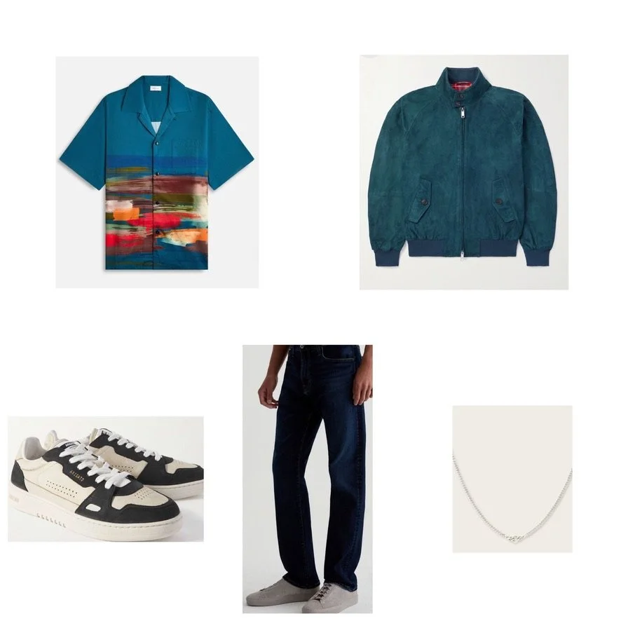 Fashion collage with a colorful short-sleeve shirt, teal suede jacket, white and black sneakers, dark blue jeans, and a silver necklace.