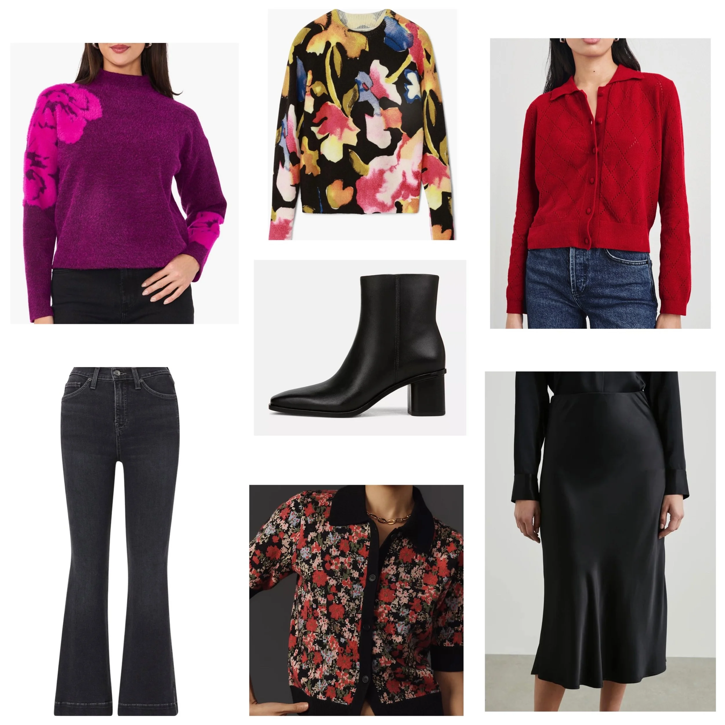 Collection of women's clothing including a magenta floral sweater, multicolored floral sweater, red cardigan, black leather ankle boots, black jeans, floral cardigan, and black satin skirt.