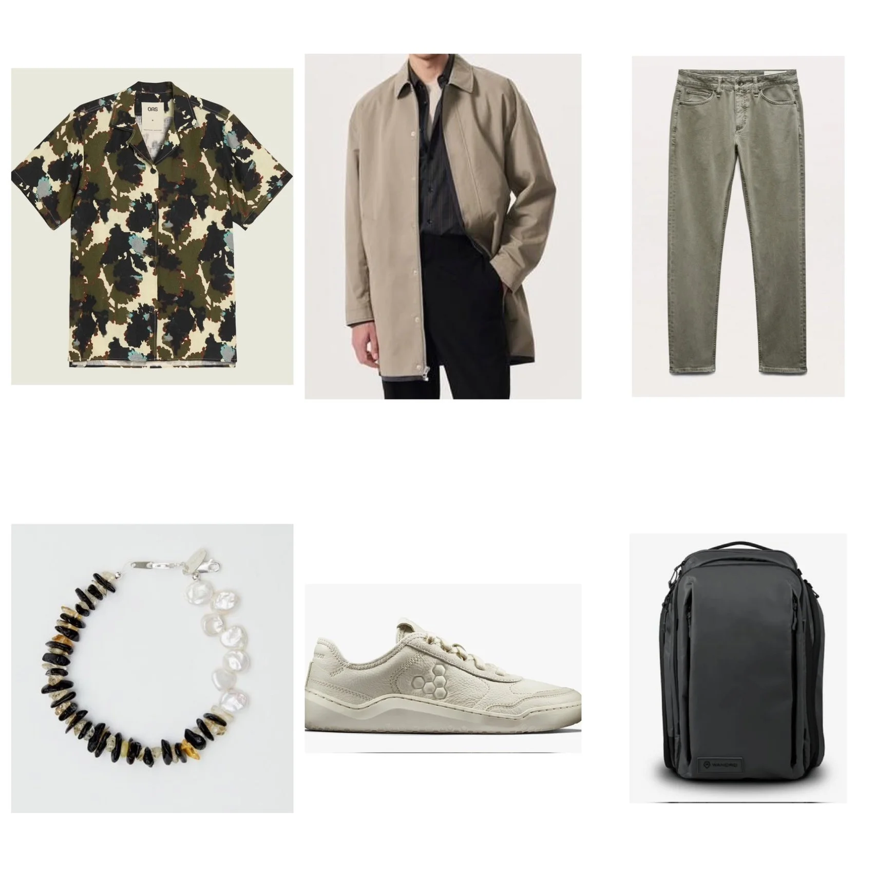 A collage of fashion items including a camouflage print shirt, a beige coat worn by a model, green jeans, a black and pearl bracelet, beige sneakers, and a dark gray backpack.