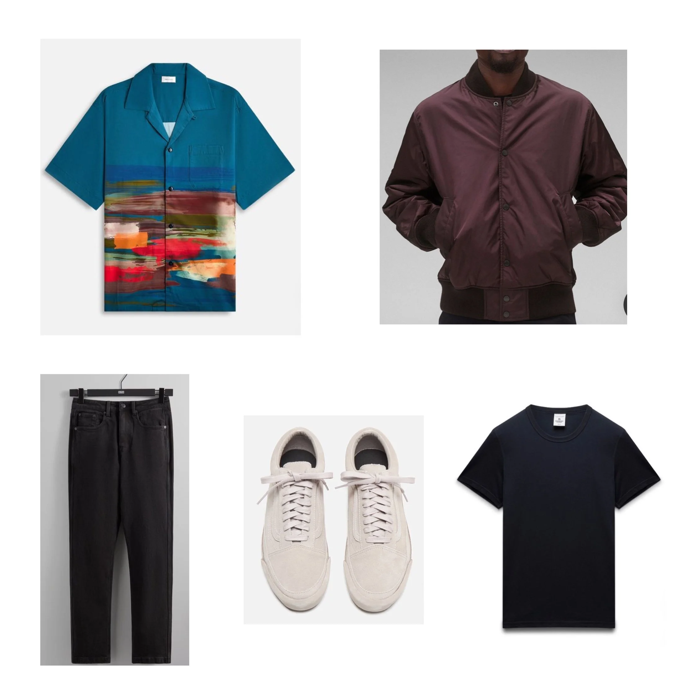 Collage of men's clothing items: a colorful short-sleeve button-up shirt, a brown bomber jacket, black jeans, white sneakers, and a black t-shirt.