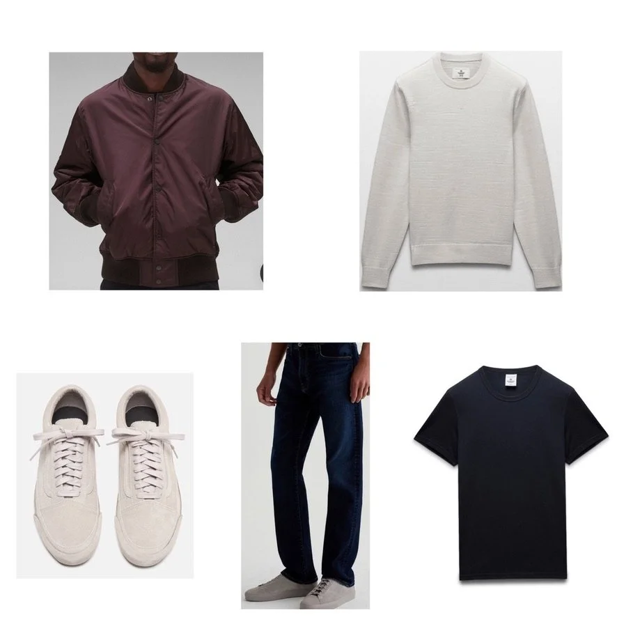 Collage of men's clothing items, including a maroon bomber jacket, a beige sweater, white sneakers, dark blue jeans, and a black T-shirt.