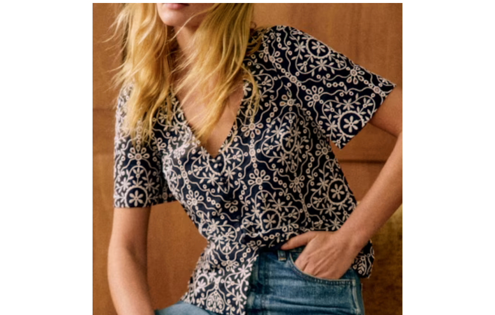 Emma Blouse Contrast Embroidery Black Ecru $125