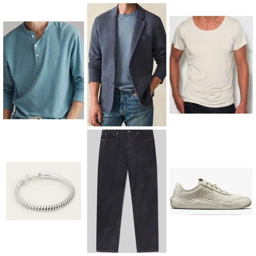 Collage of men's clothing items including a teal henley shirt, blue blazer, white t-shirt, black jeans, silver bracelet, and white sneakers.
