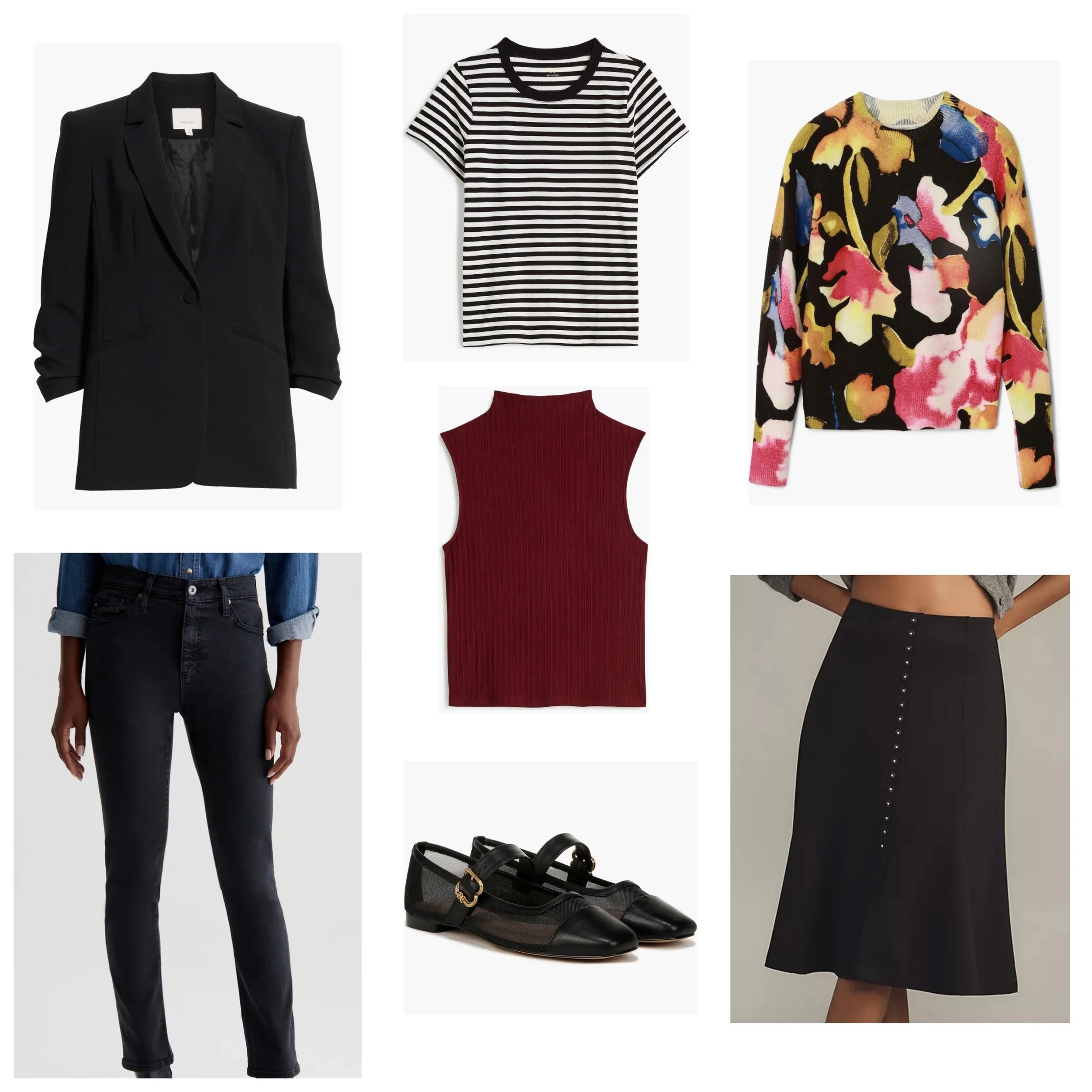 Collage of women's clothing including a black blazer, black and white striped t-shirt, floral sweater, burgundy sleeveless top, black jeans, black buttoned skirt, and black flats with straps.