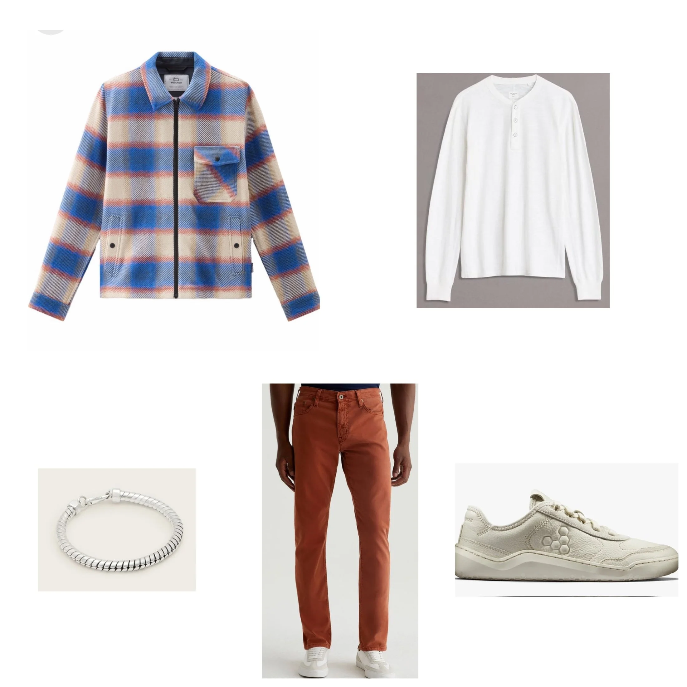 Casual outfit with plaid jacket, white henley shirt, rust pants, bracelet, and white sneakers