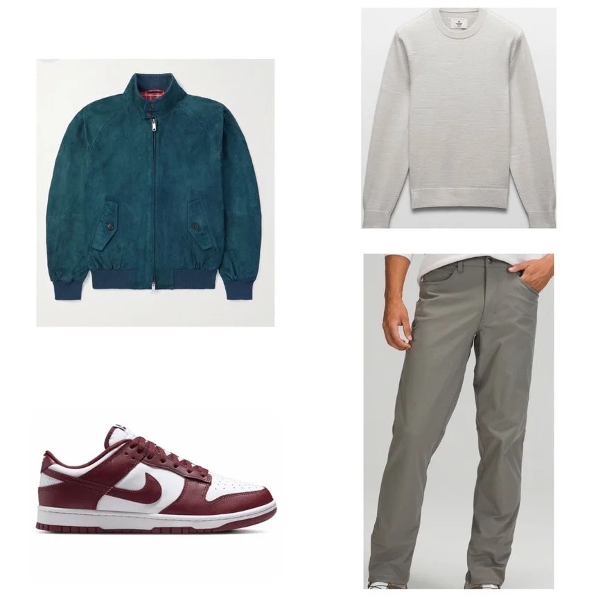A collage showing a teal suede bomber jacket, a light gray crewneck sweater, gray pants, and a pair of maroon and white sneakers.