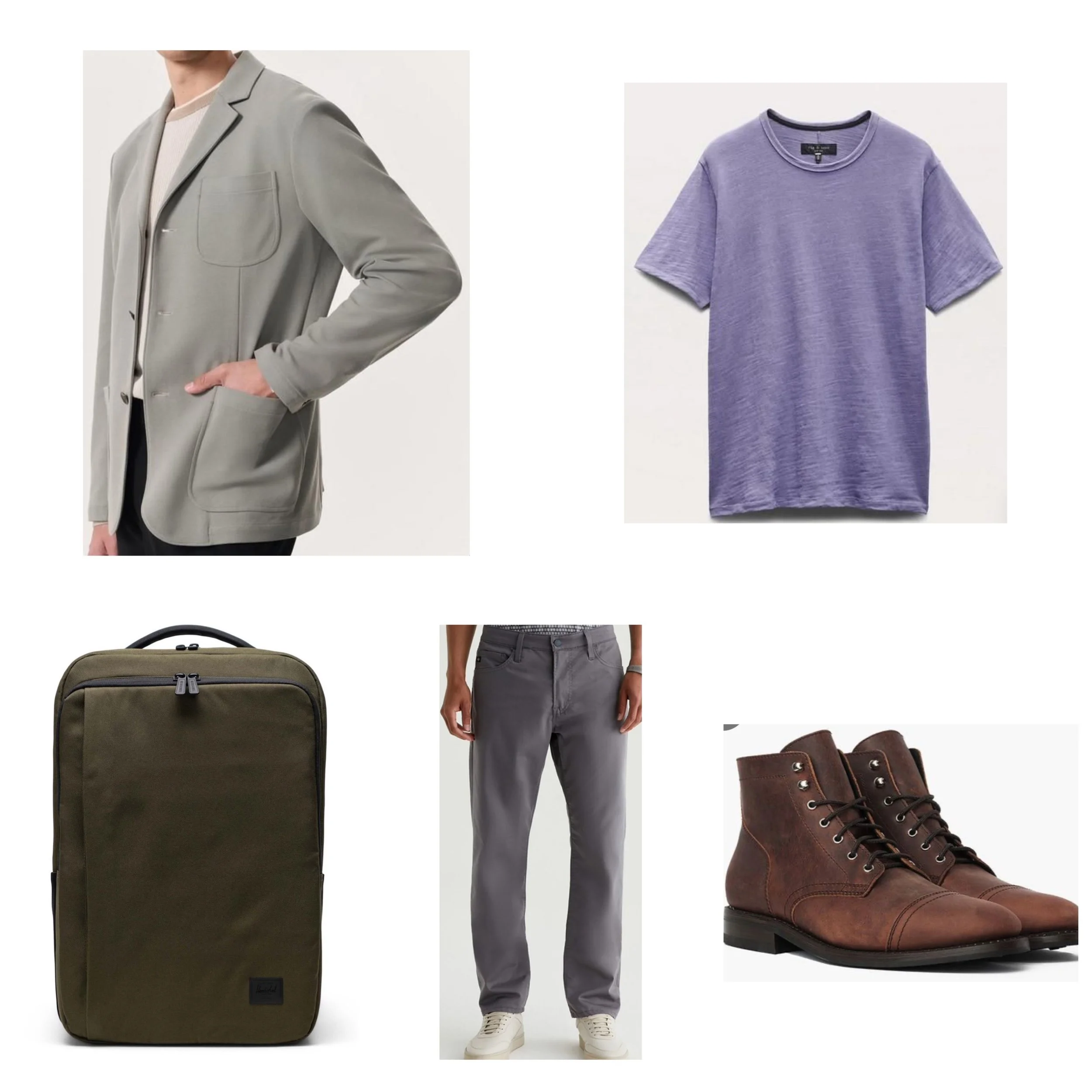 Men's fashion items collage including a khaki blazer, purple T-shirt, olive green backpack, gray pants, and brown leather boots.