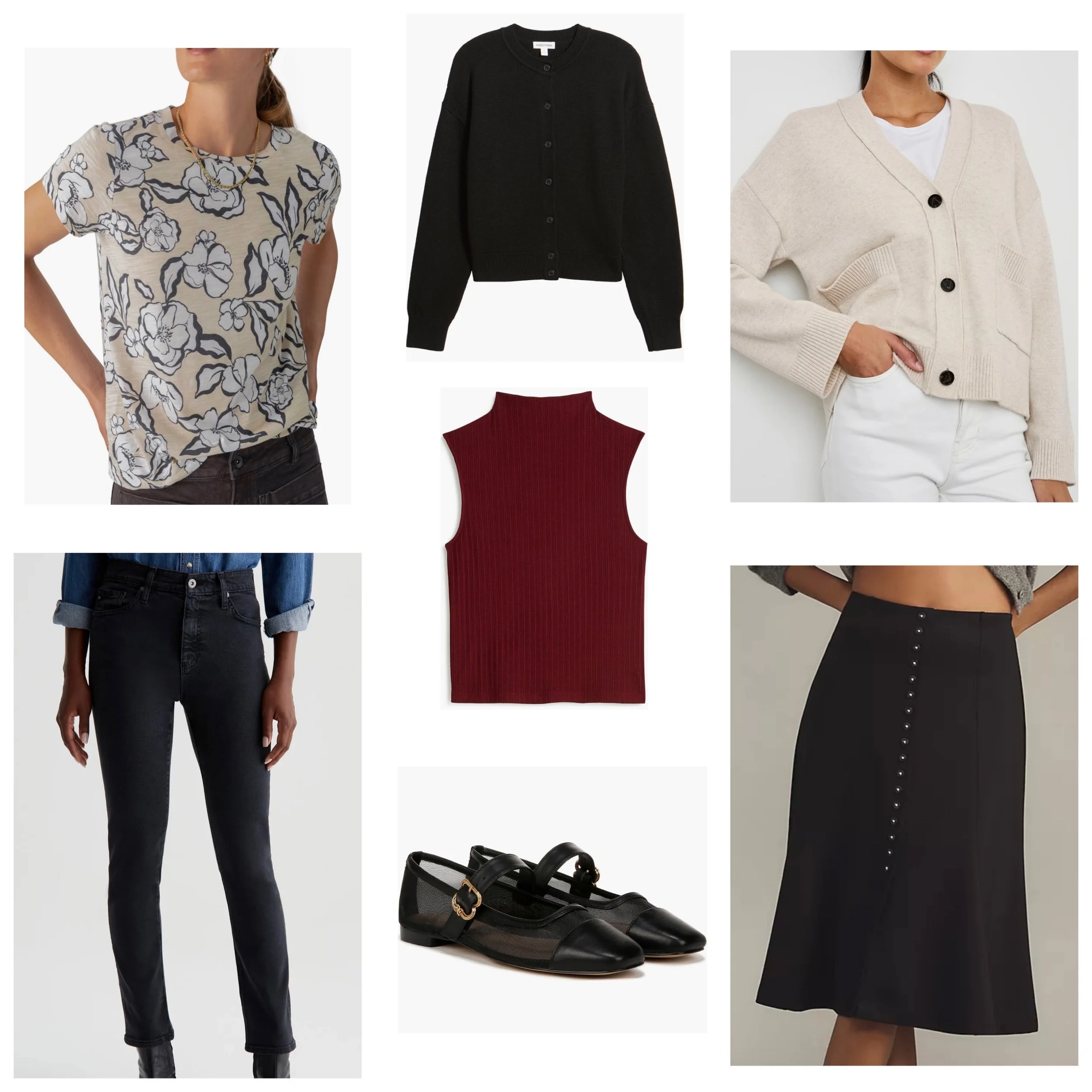 Clothing collage featuring a floral t-shirt, black cardigan, beige cardigan, maroon sleeveless top, black jeans, black shoes, and black skirt.