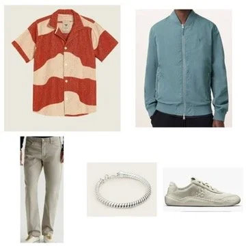Men's casual outfit with red and cream patterned short-sleeve shirt, teal zip-up jacket, beige pants, silver bracelet, and beige sneakers.