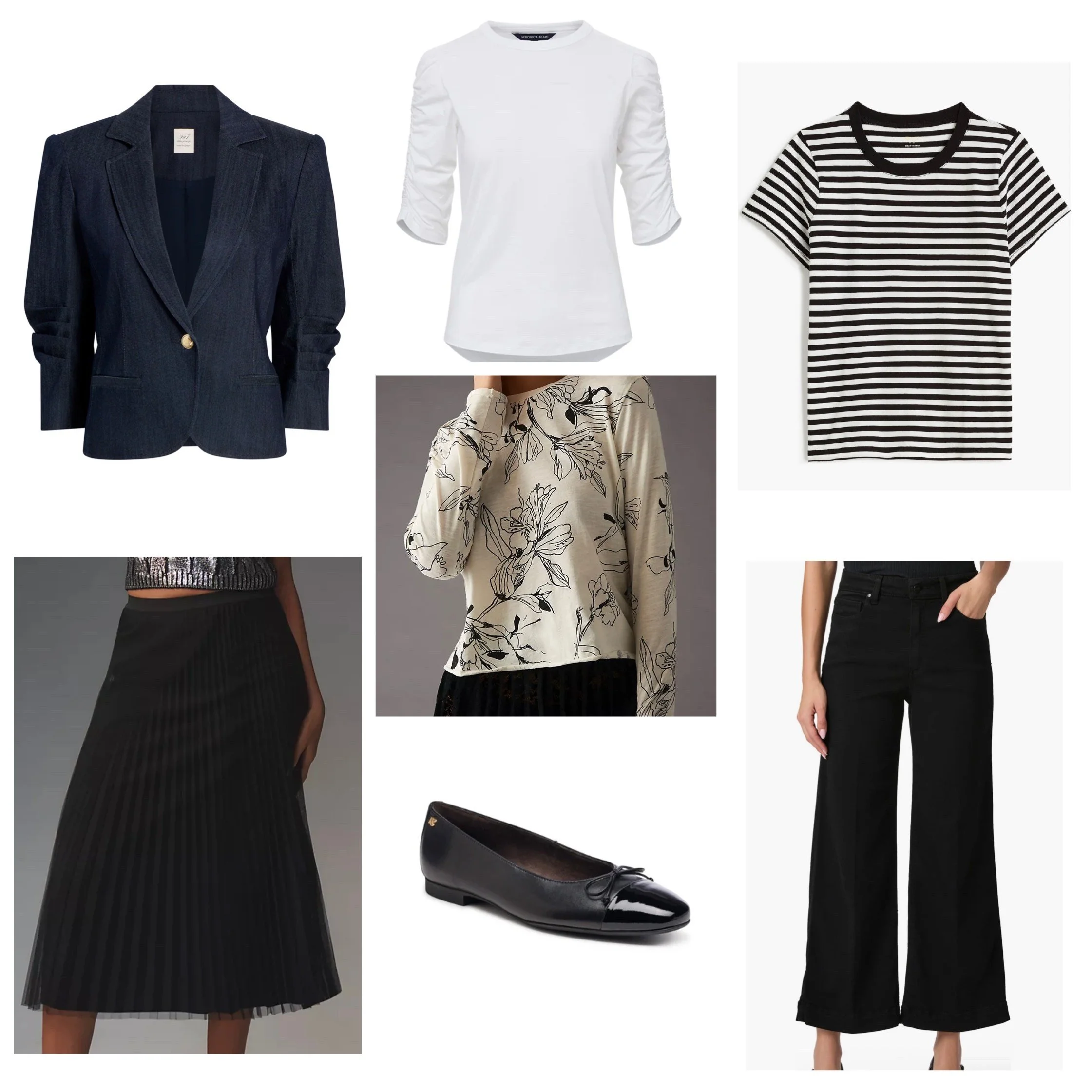 Collage of fashion items including a dark blazer, white ruched-sleeve top, black and white striped t-shirt, floral print sweater, black pleated skirt, black flat shoe, and black wide-leg pants.