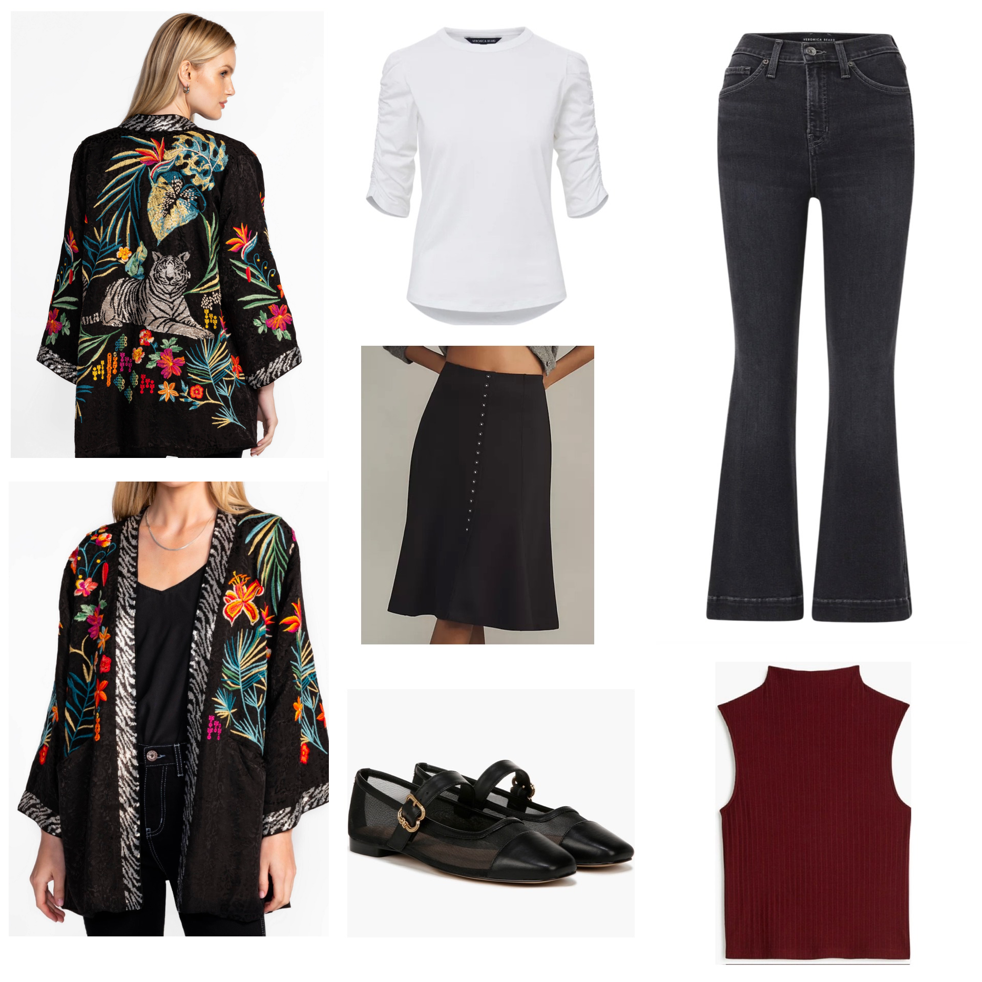 Collection of women's clothing items including a black embroidered kimono with floral patterns, a white ruched sleeve top, black flared jeans, a black skirt with button detail, black flat shoes with buckle straps, and a sleeveless maroon top.