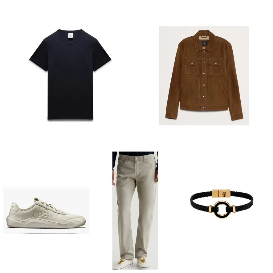 A black t-shirt, brown suede jacket, beige pants, beige sneakers, and a black bracelet with a gold clasp.