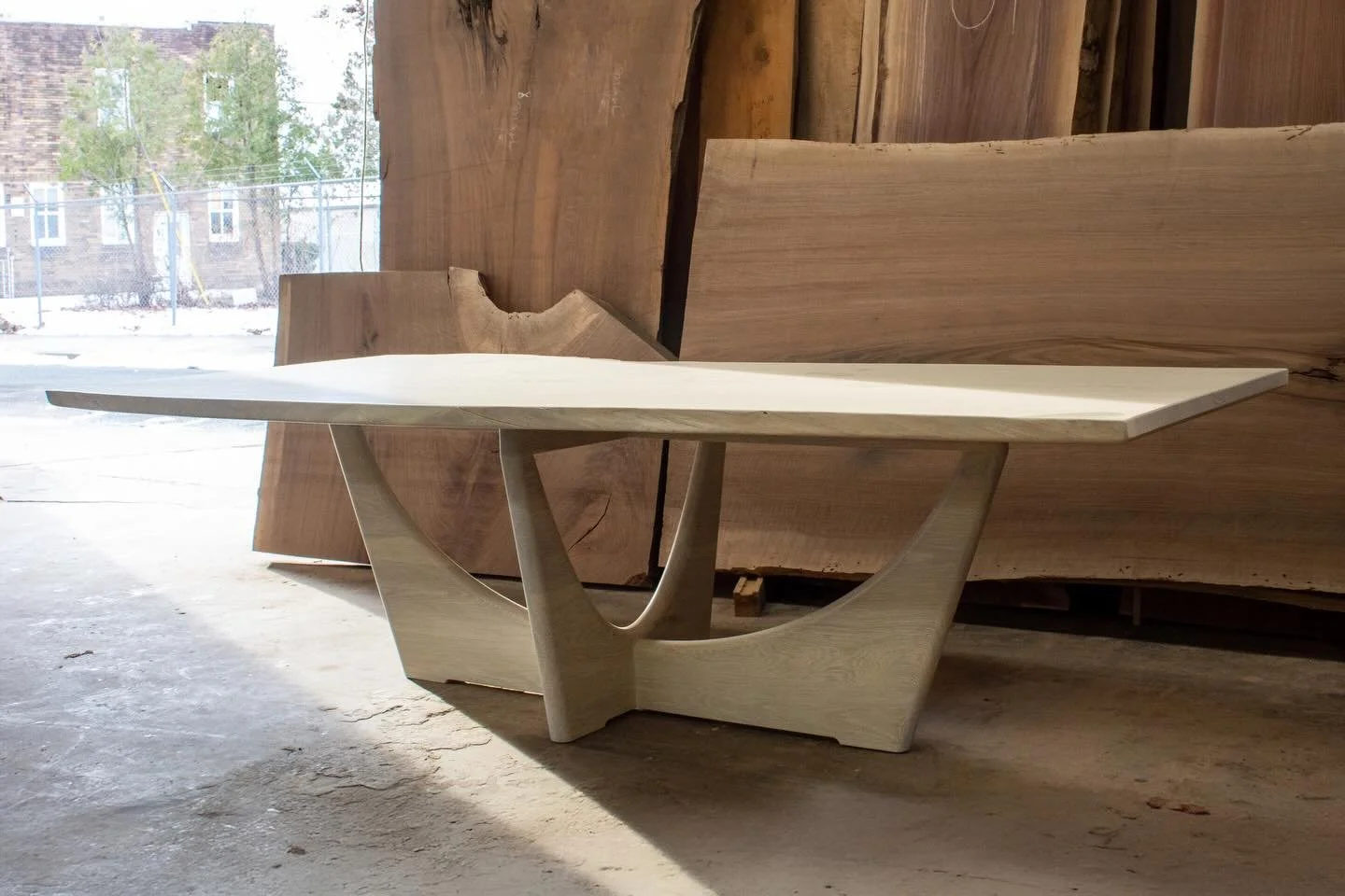 Bleached white oak single slab pedestal table. // we wanted to create a design where the top felt like it was floating, scroll through the photos to see how amazing the slab itself is. // 😍