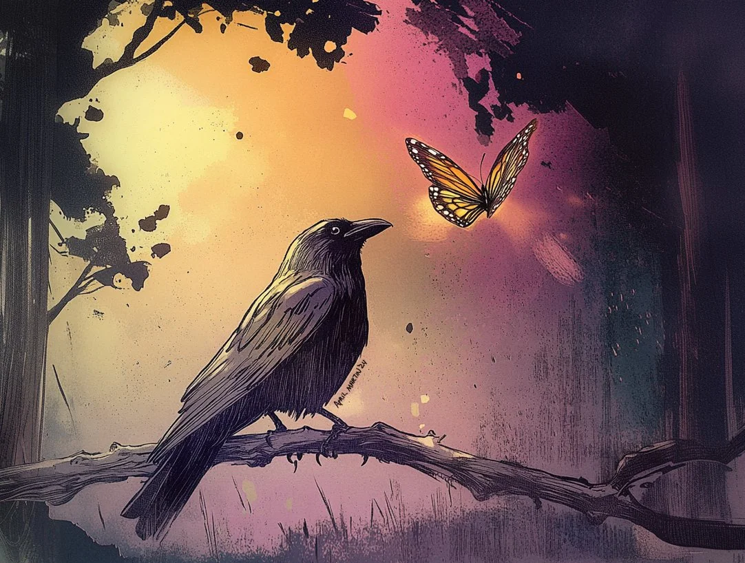 Digital illustration of crow and butterfly in mythic style