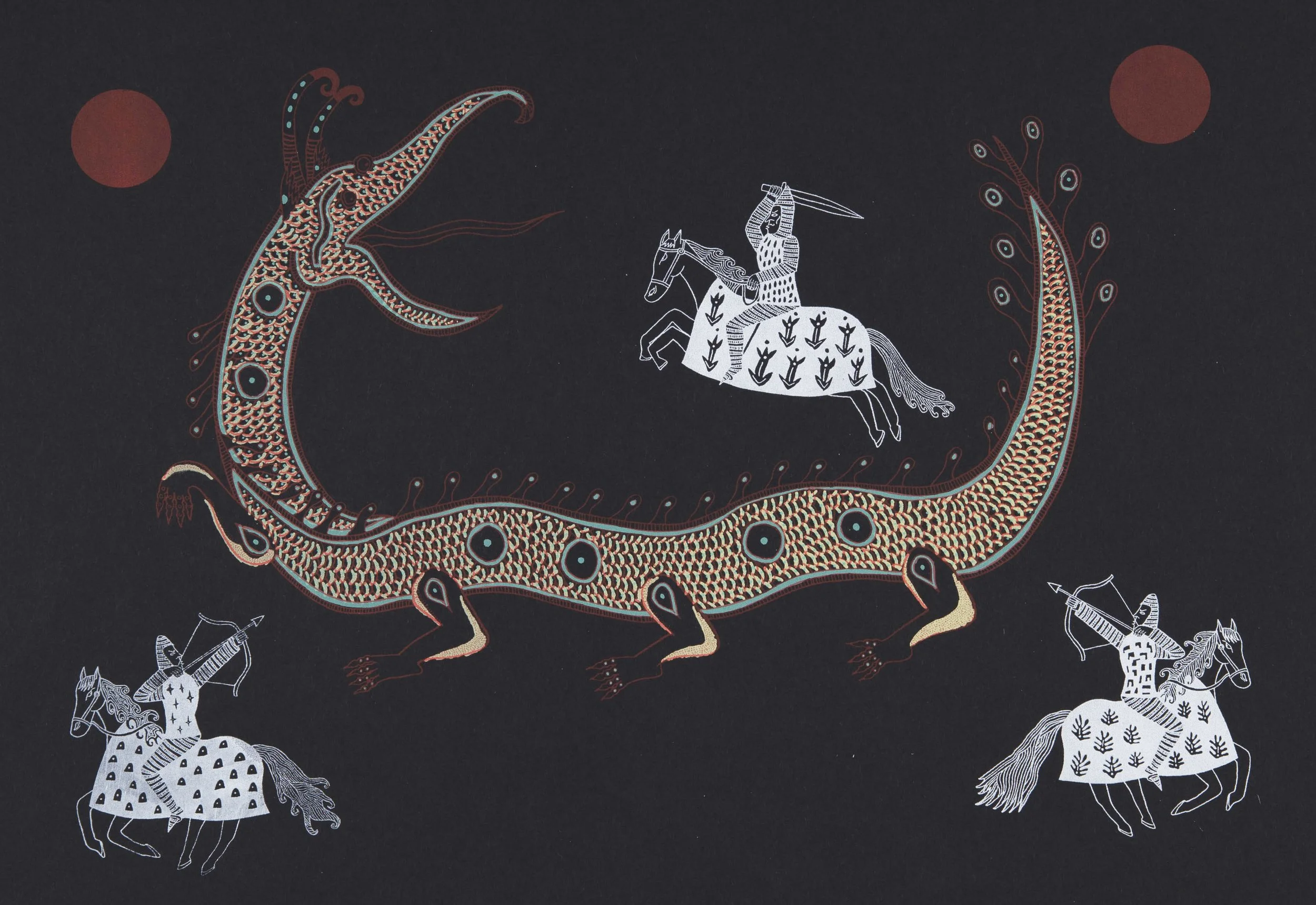 Dragon and Knights, Screen Print on A2 Paper