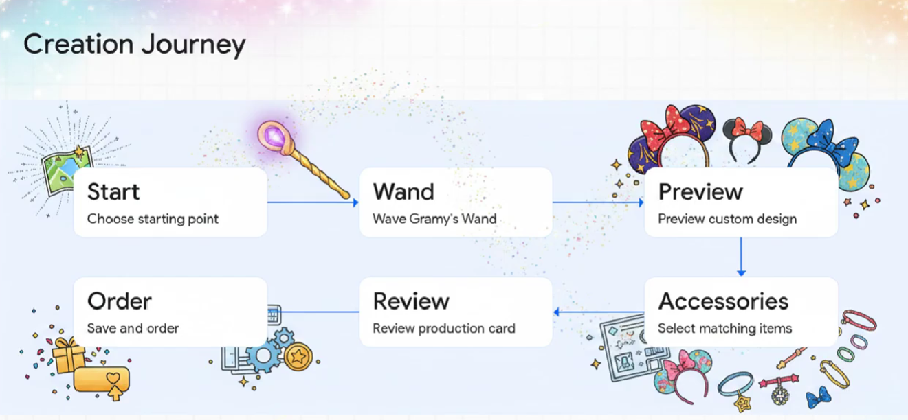 Creation Journey mapping Start, Wand, Preview, Accessories, Review and Order.