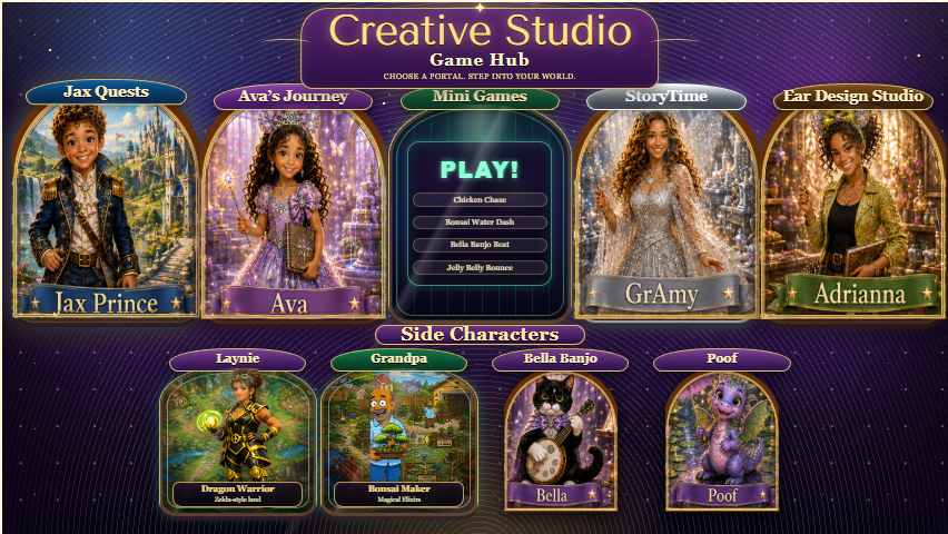 Creative Studio World hub with its connected characters and portals.
