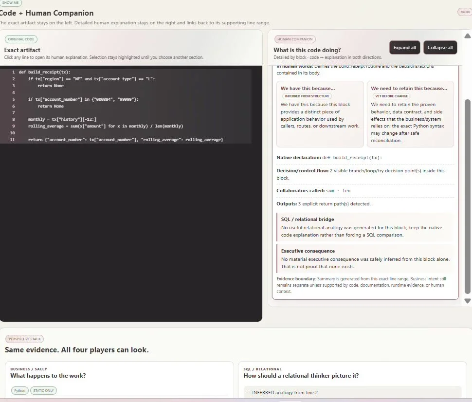 Legacy System Translator with code and Human Companion visible side by side.