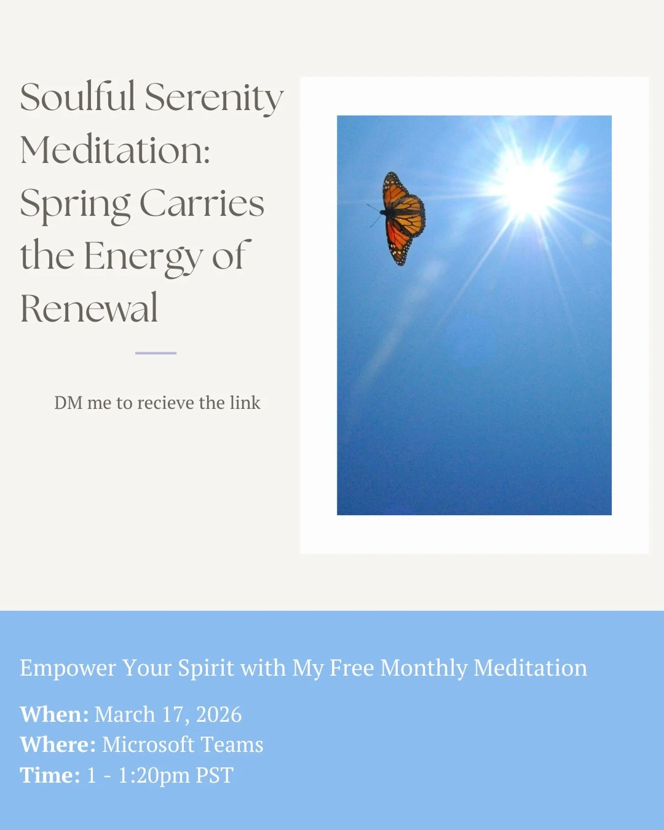 A new season brings new energy. 🦋

Join this week&rsquo;s meditation to reset, realign, and welcome the fresh start of spring. 

DM me to receive the link! 

#soulfulserenity #meditationmagic #meditation #spirituality #spring
