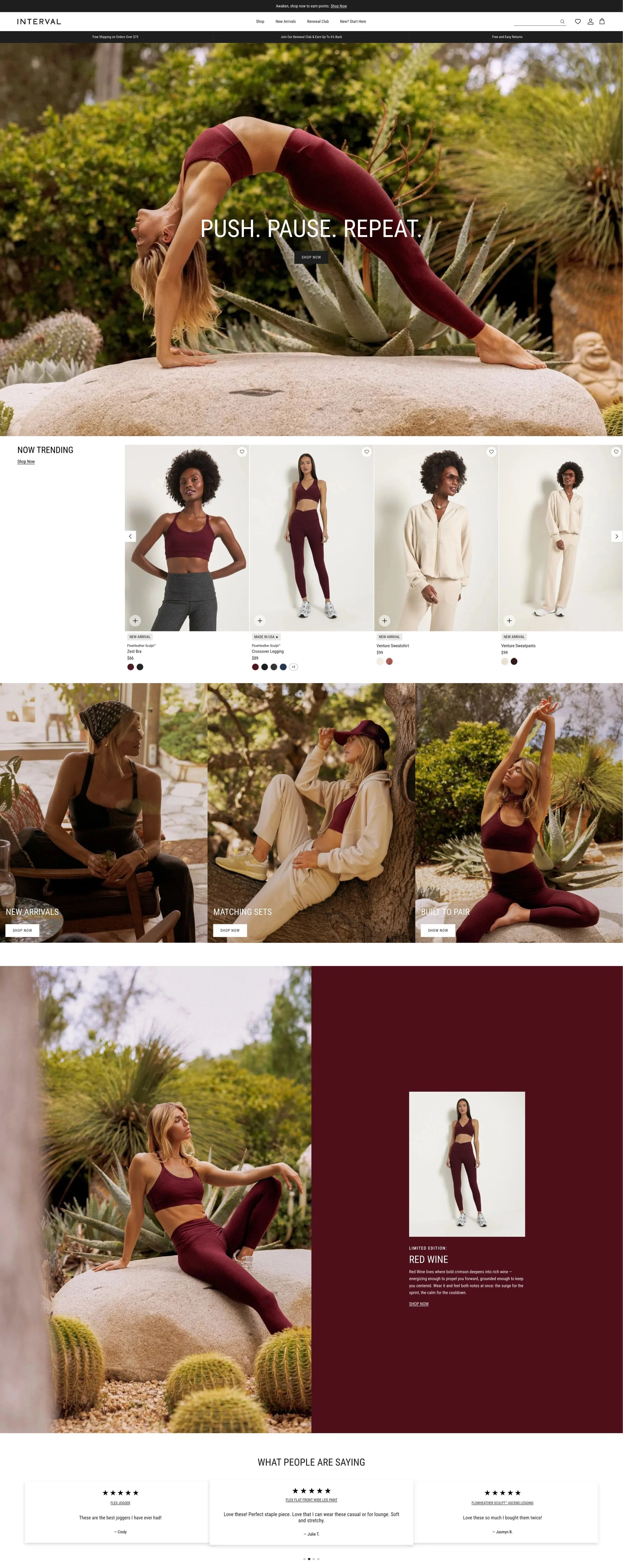 A woman practicing yoga outdoors on a rock, wearing maroon leggings and a sports bra, surrounded by desert plants and cacti. The website homepage features fashion models and clothing items, with a theme of fitness and casual wear.