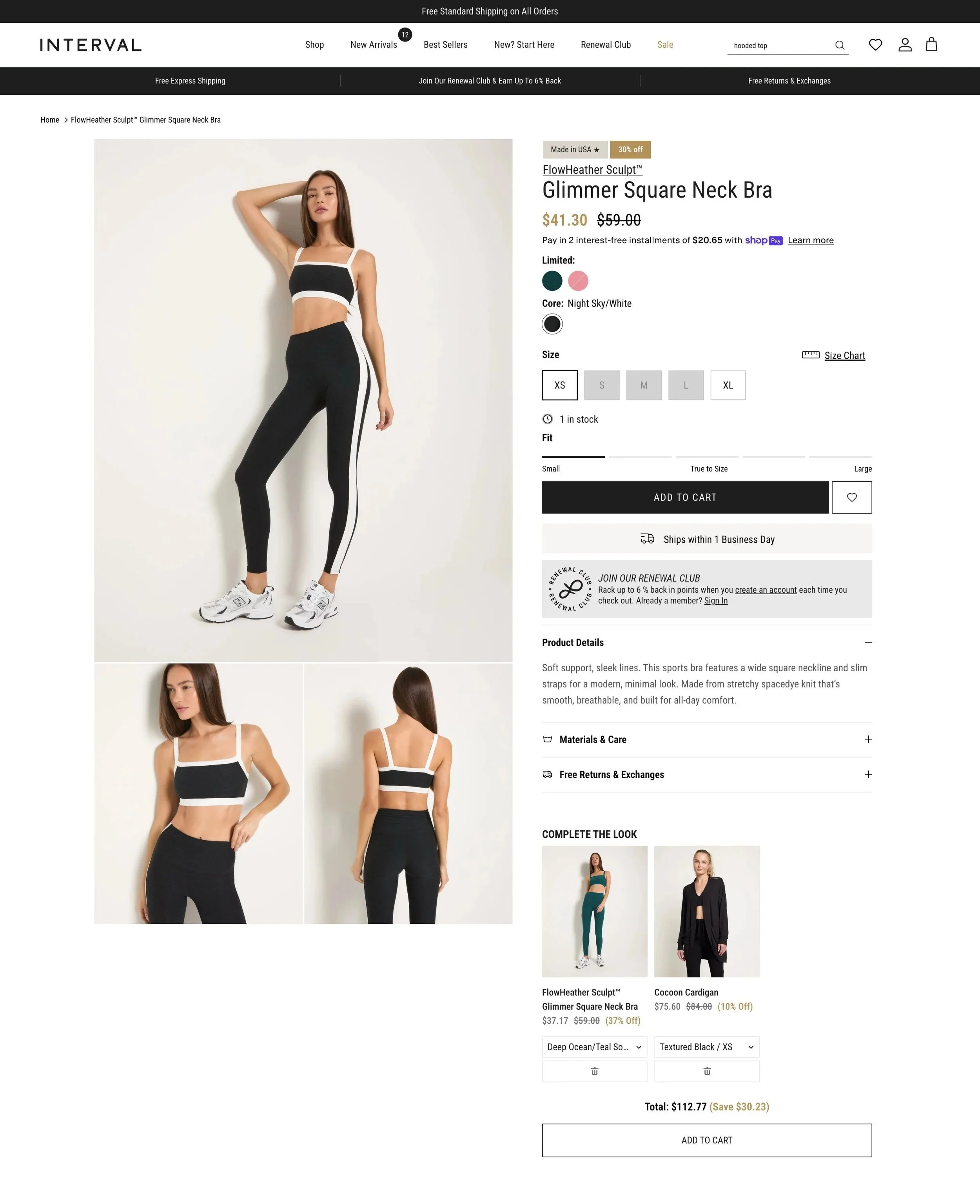A woman modeling a black and white sports bra and matching leggings with a side stripe, seen from front and back views, on a retail webpage.