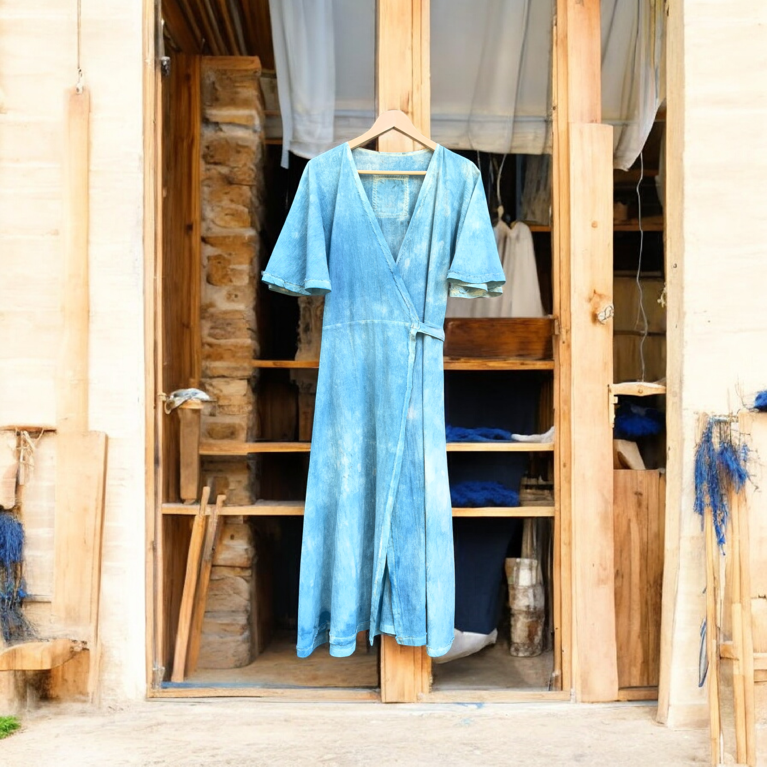 Wrap me dress ZEMNA/INDIGO PLANT DYED/cotton/Рокля Прегърни ме ЗЕМНА -Естествено обагрена с растението ИНДИГО върху кенар