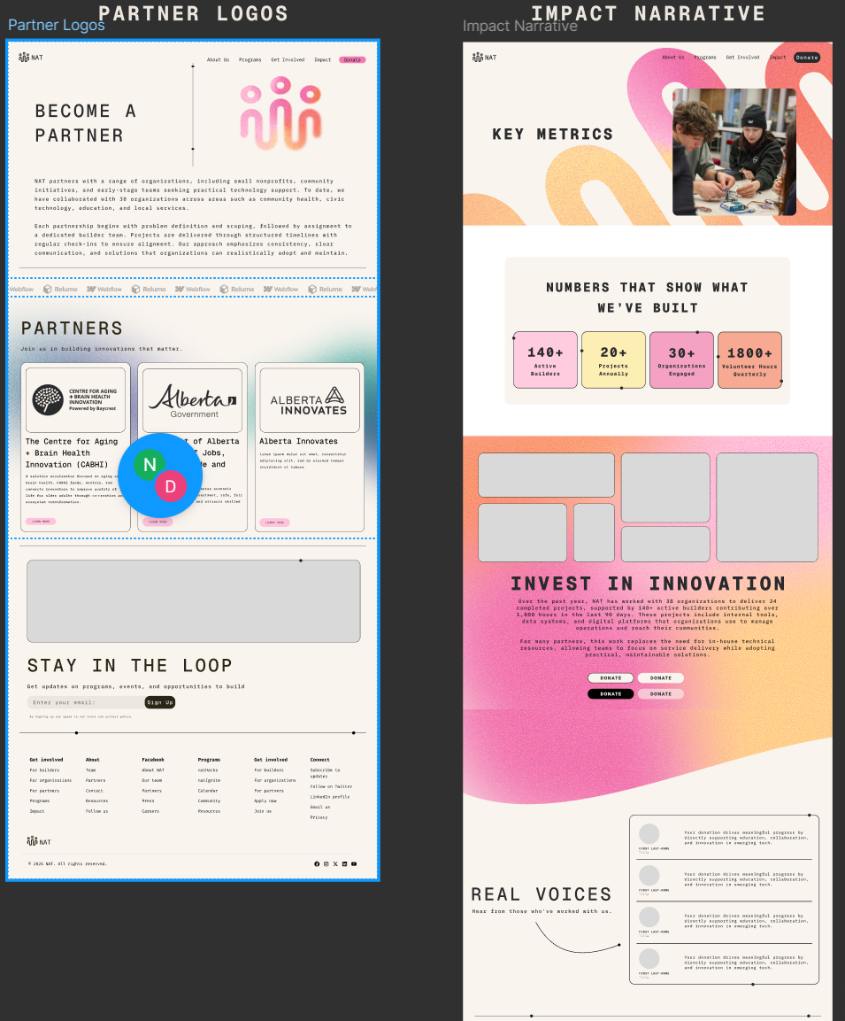 Figma mid-fi prototypes of the Partner Logos and Impact Narrative pages