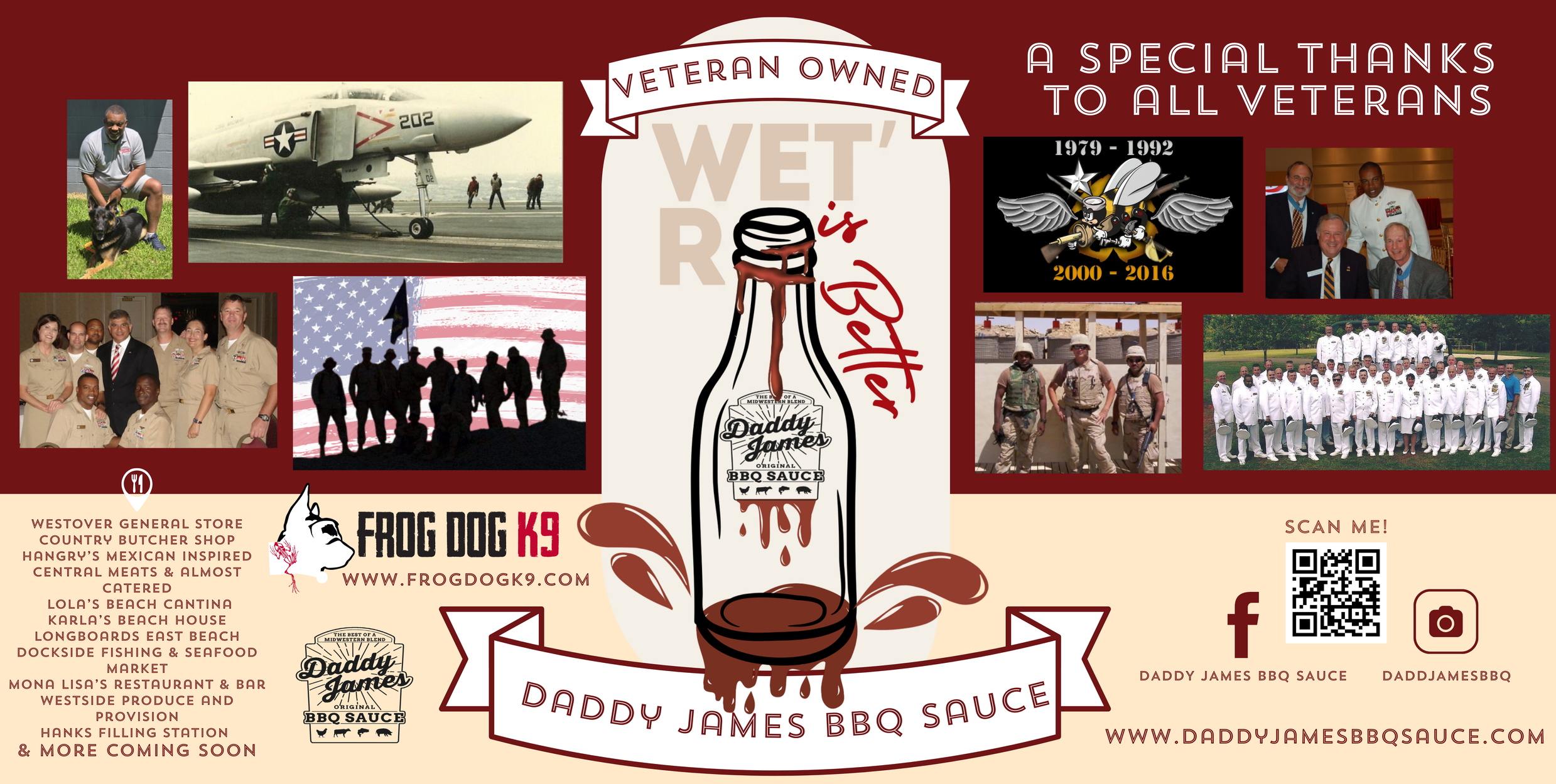 A collage of images and text celebrating military veterans and a BBQ sauce brand, featuring photos of veterans, military aircraft, and a group of people in uniform, alongside logos and advertisements for Daddy James BBQ Sauce.