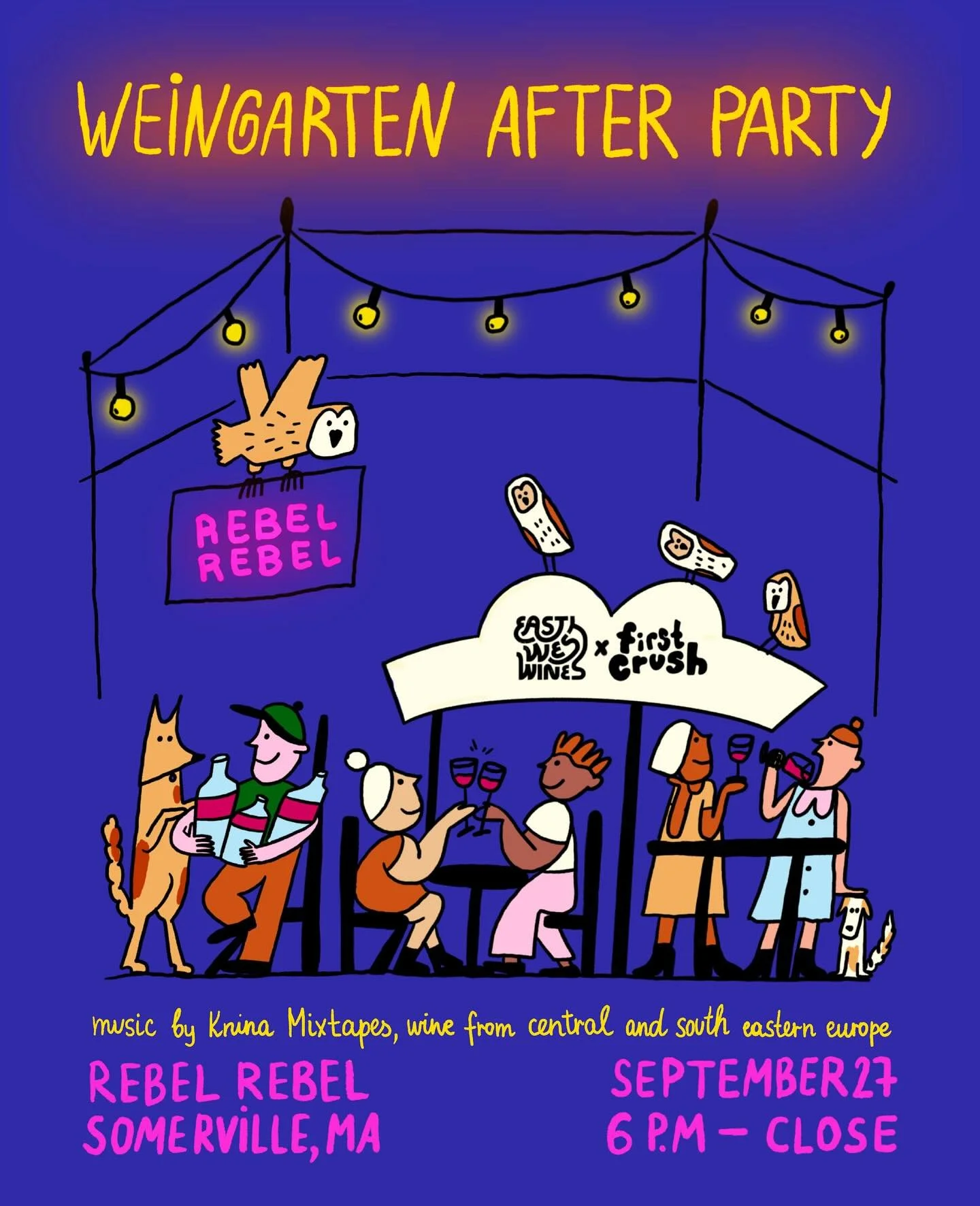 🌀after party announcement!!!🌀

on saturday sept 27, we&rsquo;re gonna keep the party rolling @rebelrebelsomerville following our weingarten!!! join us for eastern &amp; central euro wines and euro beats by the impeccable @knina_mixtapes 🔥🪩🔥🪩

p