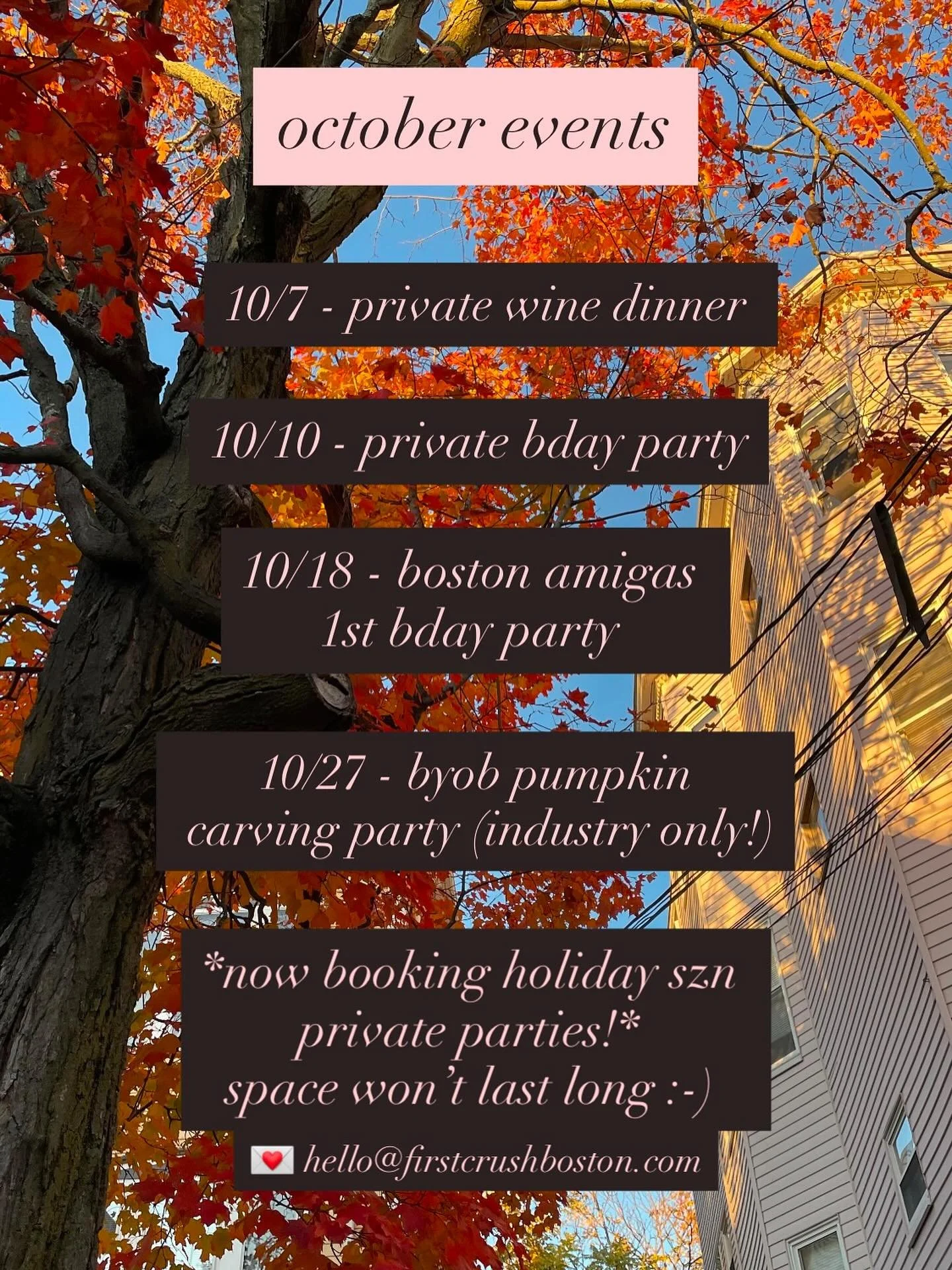 octoberrrr is somehow here 🎃🎃🎃

lots of private events this month! book us for your bday, engagement, corporate, events! best way to get in touch is via email or our website contact form. our books are starting to fill for the holidays, so don&rsq