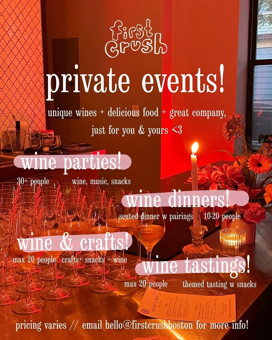 finally making it IG official that we offer private events!!! great for bdays, corporate parties, any occasion really & perfect for any group that loves to have fun & drink wine. pricing varies by format, group size and venue, so send us an e