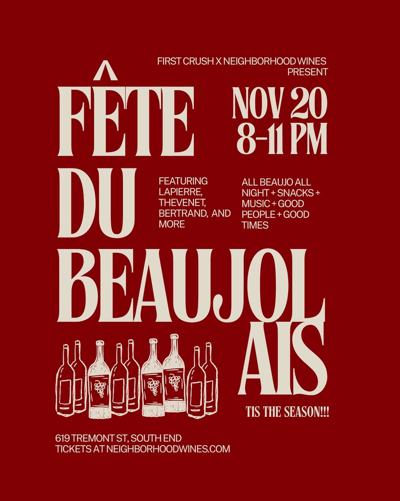 tis the season for a beaujolais party!!!! join us thursday november 29th for our *third* annual fete du beaujolais with our friends @neighborhood_wines. all bojo from our fav winemakers + snacks + cool people = the perfect way to kick off your holida