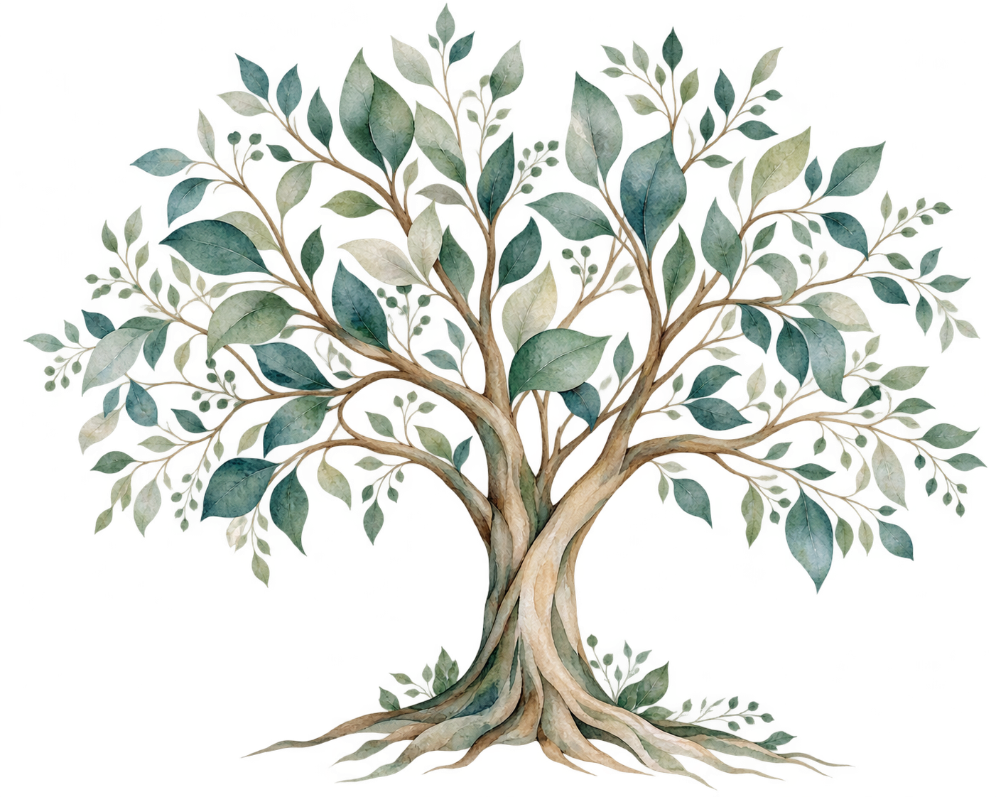 Watercolor illustration of a mature leafy tree with spreading branches and exposed roots